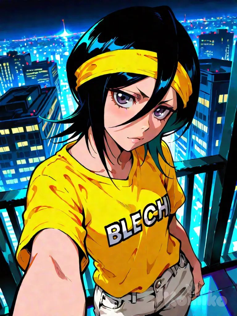 kuchiki rukia, bleach: sennen kessen-hen, vibrant atmosphere, vibrant color, highlight, selfie, headband, yellow shirt, pants, city lights, background