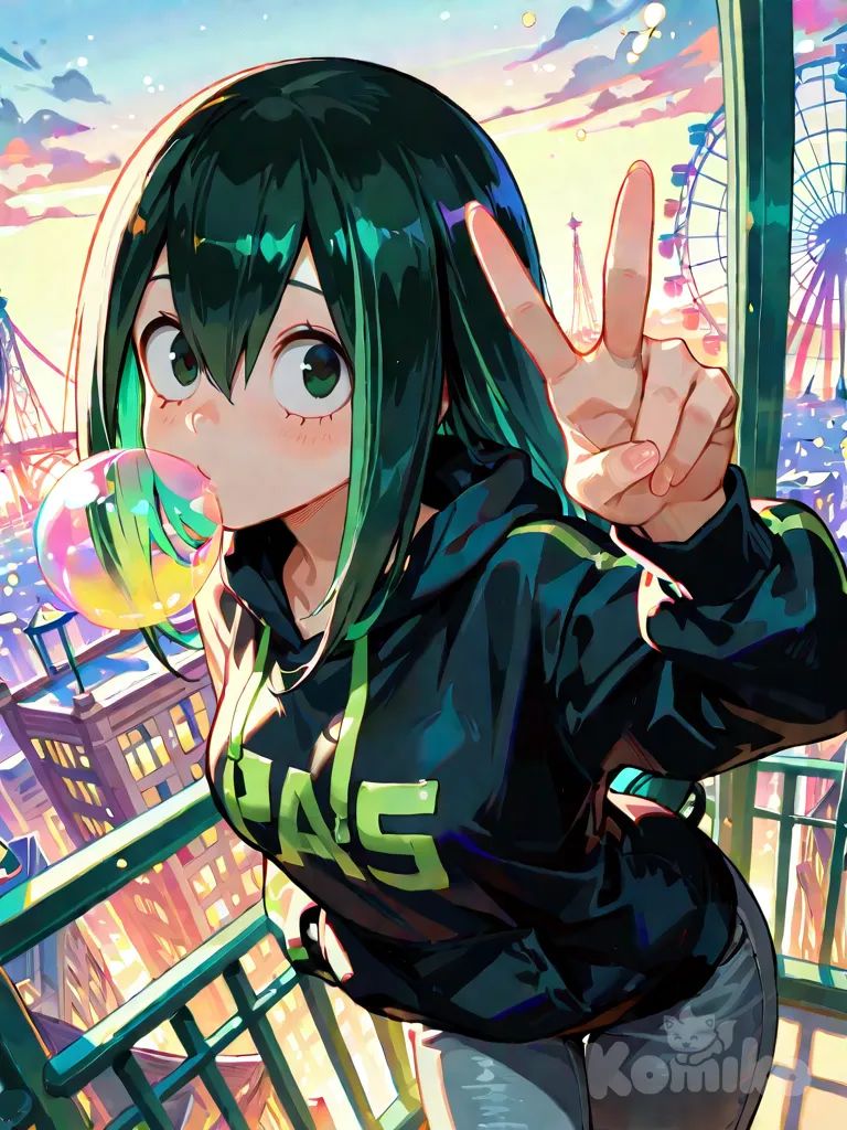 Asui Tsuyu, vibrant atmosphere, vibrant color, highlights, black hoodie, pants, bubble blowing, v sign, from above, cinematic lighting, ferris wheel, background