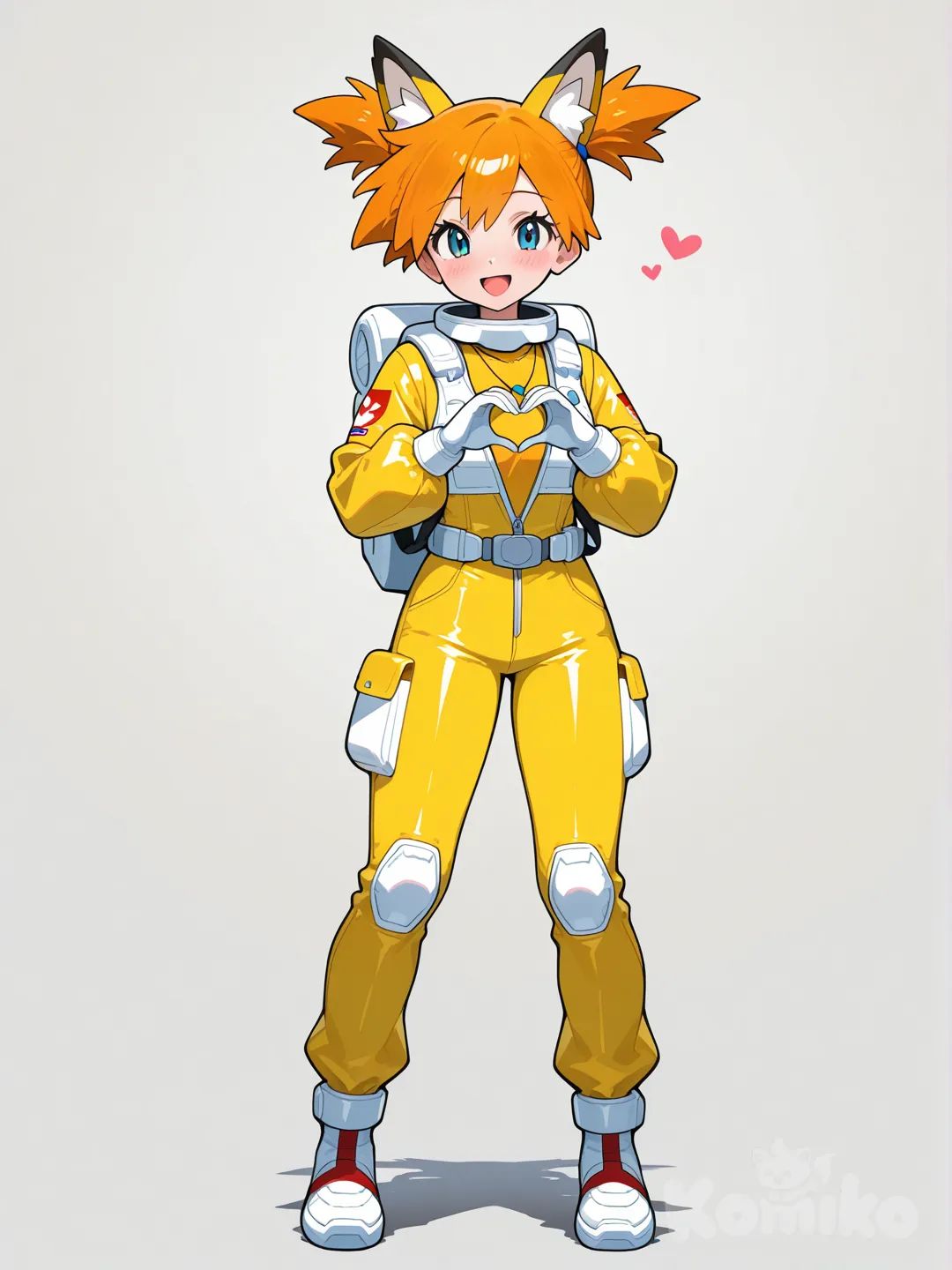 @Misty_(Pokemon), heart hands, open mouth, spacesuit, necklace, fox ears, full body
