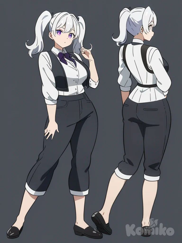 1girl, adult, curvy, sexy big butt, anime coloring, white hair, twintails, purple eyes, dimple, vest, capri pants, lace, single character, full body, looking at viewer, anime style, simple background, white background