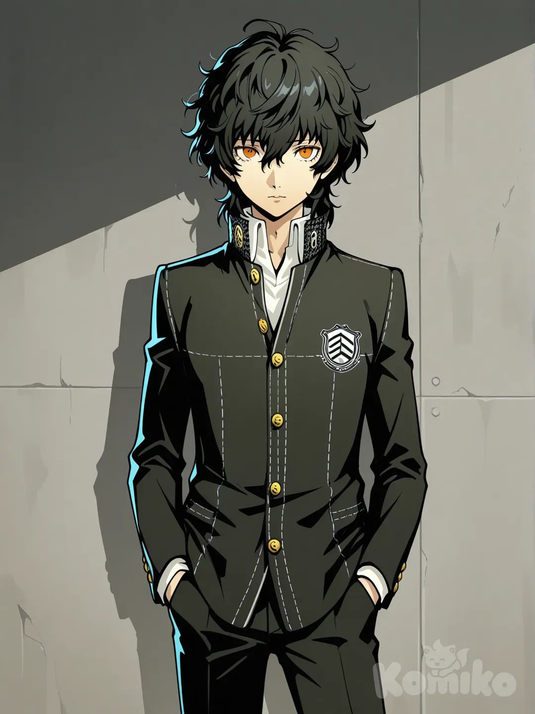 Japanese male, messy medium length black hair, yasogami high school unform, orange eyes, hands in pockets, persona style