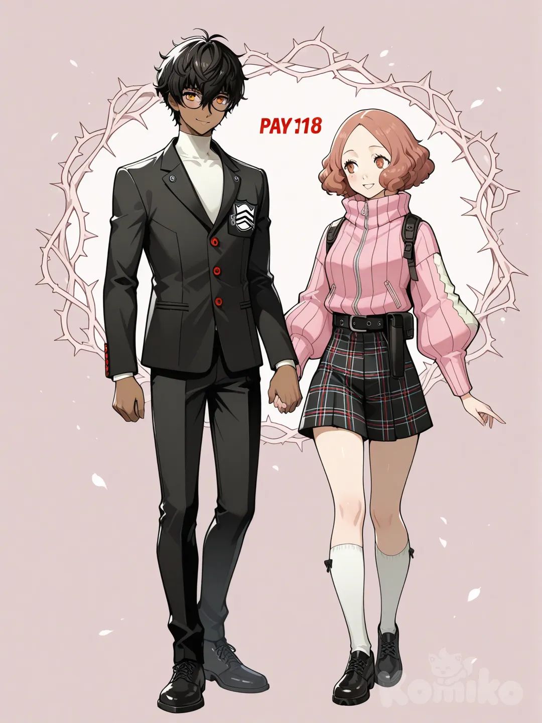 Tall japanese male, dark skin, glasses, orange eyes, thorns (arknights), messy black hair, shujin academy uniform, 2people, okumura haru, smile, persona style, holding hands