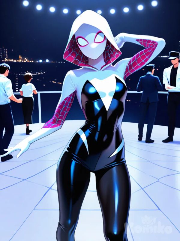1boy, 1girl, 2people, Kujo Jotaro, Spider-Gwen, [high-contrast-glossy-style], dancing, full body, looking at viewer, panoramic lens, cowboy shot
