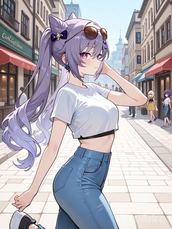 @Keqing_(Genshin_Impact) cool big sister style

 #looking at viewer #side view # upper body (Focus on the upper body, from the waist up.)

#cool post #funny

, A thin violet crop top., jeans, running shoes, sun glasses

relax , Taking a stroll, walking on a sidewalk , on a sunnyday , in the shopping sreet in capital city.