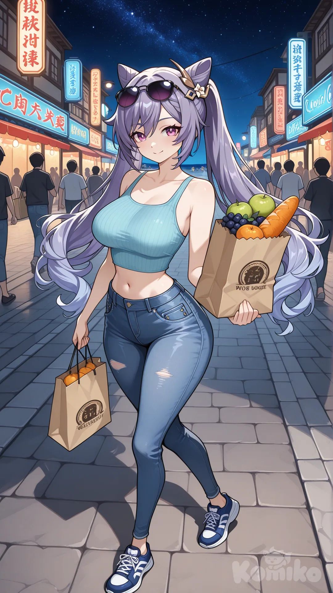 @Keqing_(Genshin_Impact) cool big sister style

#big sister style , Very good figure , 

#side view 

 # upper body (Focus on the upper body, from the waist up.)

#looking at viewer #full body#, up view , #full body ,from above , day , funny , relaxed, anime style , 

#cool post

,deep sea blue Thin Cropped tank top , jeans , deep sea blue running shoes , sun glasses

relax , Taking a stroll, walking on a sidewalk , on a midnight sunnyday , in the sreet in night market , It has a view of the sea and beach as a backdrop

She is now strolling through the night market, amidst the crowds, carrying a bag full of berry in her hands.