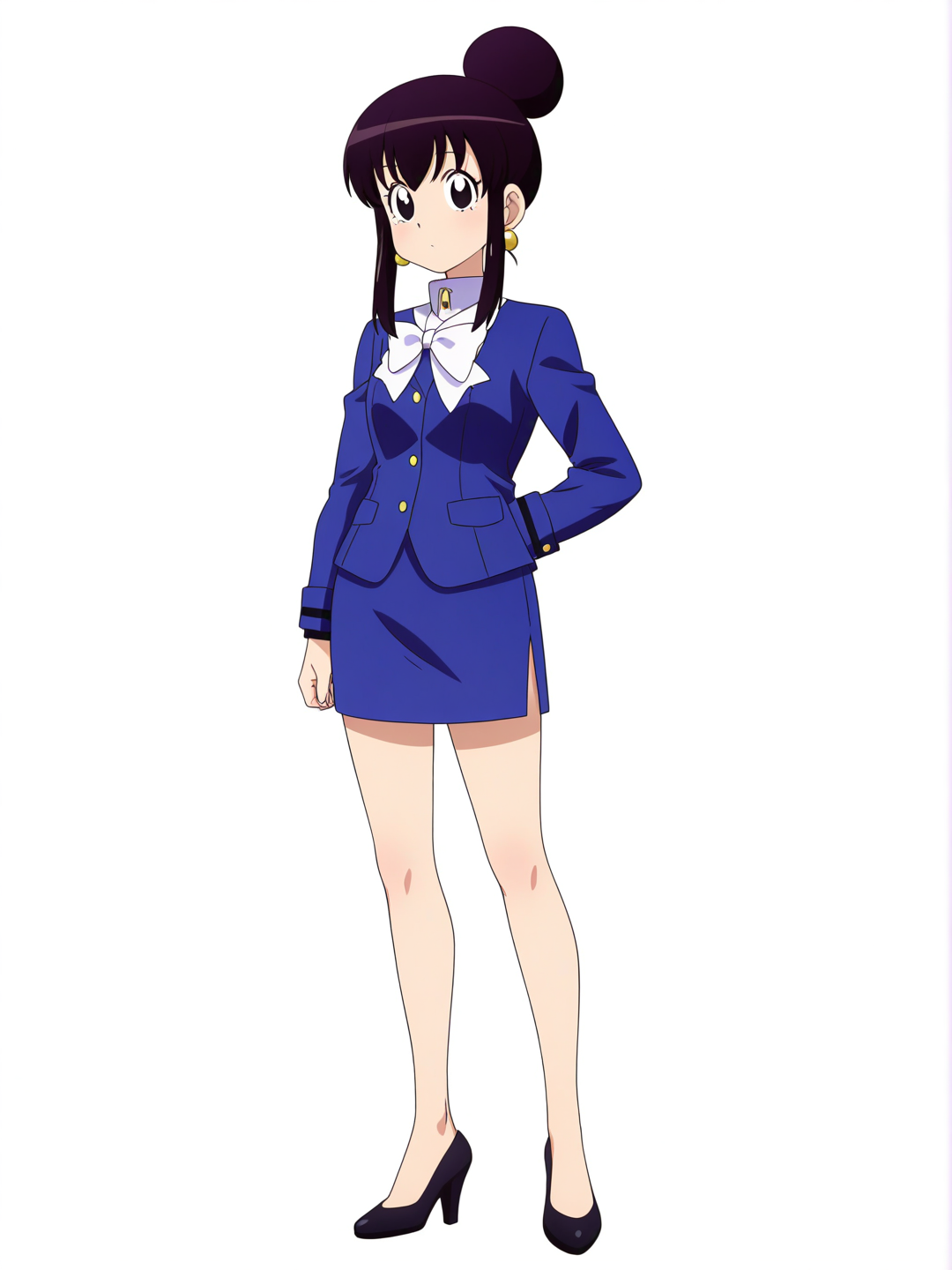 [pop-anime-style] 1girl, chi-chi, bangs, black_hair, sidelocks, single_hair_bun, black_eyes, earrings, blue_jacket, white_collar, white_bowtie, blue_pencil_skirt, black_high_heels, single_character, full_body, looking_at_viewer, anime_style, simple_background, white_background