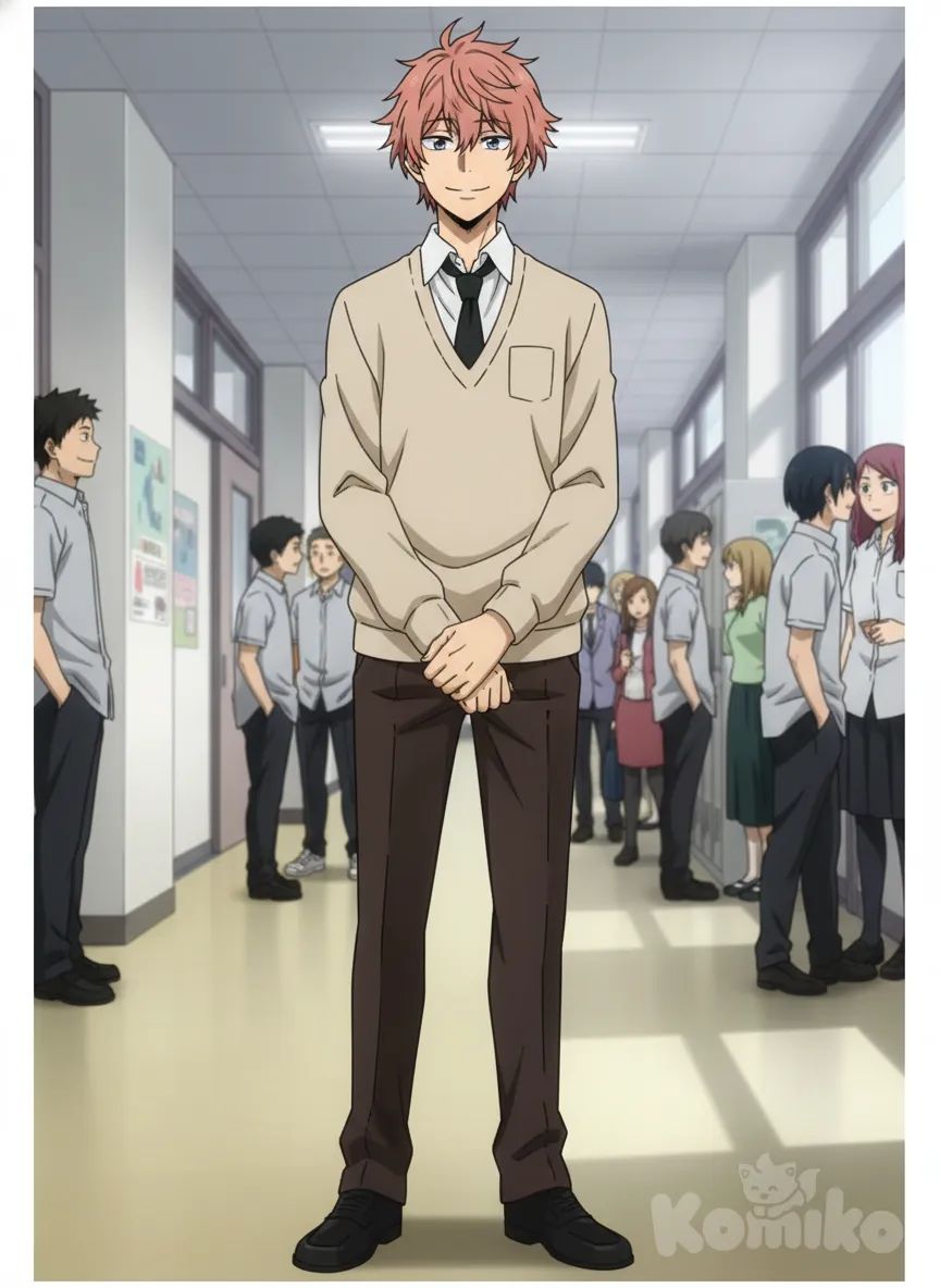 My Hero Academia,
 • Parte superior: Lleva una camisa de vestir blanco con cuello clásico.
 • Corbata: Negra y delgada, típica del estilo formal escolar.
 • Suéter: De color beige o crema claro, con cuello en “V” que deja visible la camisa y la corbata. En el pecho, del lado izquierdo, hay un pequeño bolsillo o recuadro, posiblemente para un emblema o insignia escolar.
 • Parte inferior: Pantalón de vestir color marrón oscuro, de corte recto y ajustado.
 • Calzado: Aunque no se aprecia con detalle, parece llevar zapatos negros o de vestir.