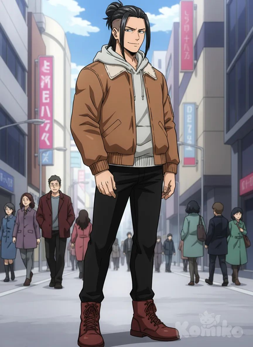 My Hero Academia, 
Parte superior: El cabello es largo y está completamente peinado hacia atrás, recogido en un pequeño moño o “man bun” en la parte trasera de la cabeza. Está bien peinado y brillante, lo que indica el uso de algún producto (como pomada o gel).
 • Laterales y nuca: Presenta un fade bajo, es decir, el degradado comienza desde la parte inferior de la cabeza y se difumina suavemente hacia arriba, dejando la parte superior con mayor longitud.
• Parte superior: una chaqueta marrón claro tipo cazadora, de tela gruesa, con solapas y botones al frente. Debajo de la chaqueta, usa una sudadera gris claro con capucha blanca visible, lo que le da un toque más informal y cómodo.
 • Parte inferior: pantalones ajustados negros, simples y de corte recto, que estilizan la figura.
 • Calzado: botas rojas o marrón rojizo, con cordones, que añaden un contraste llamativo al resto del conjunto.