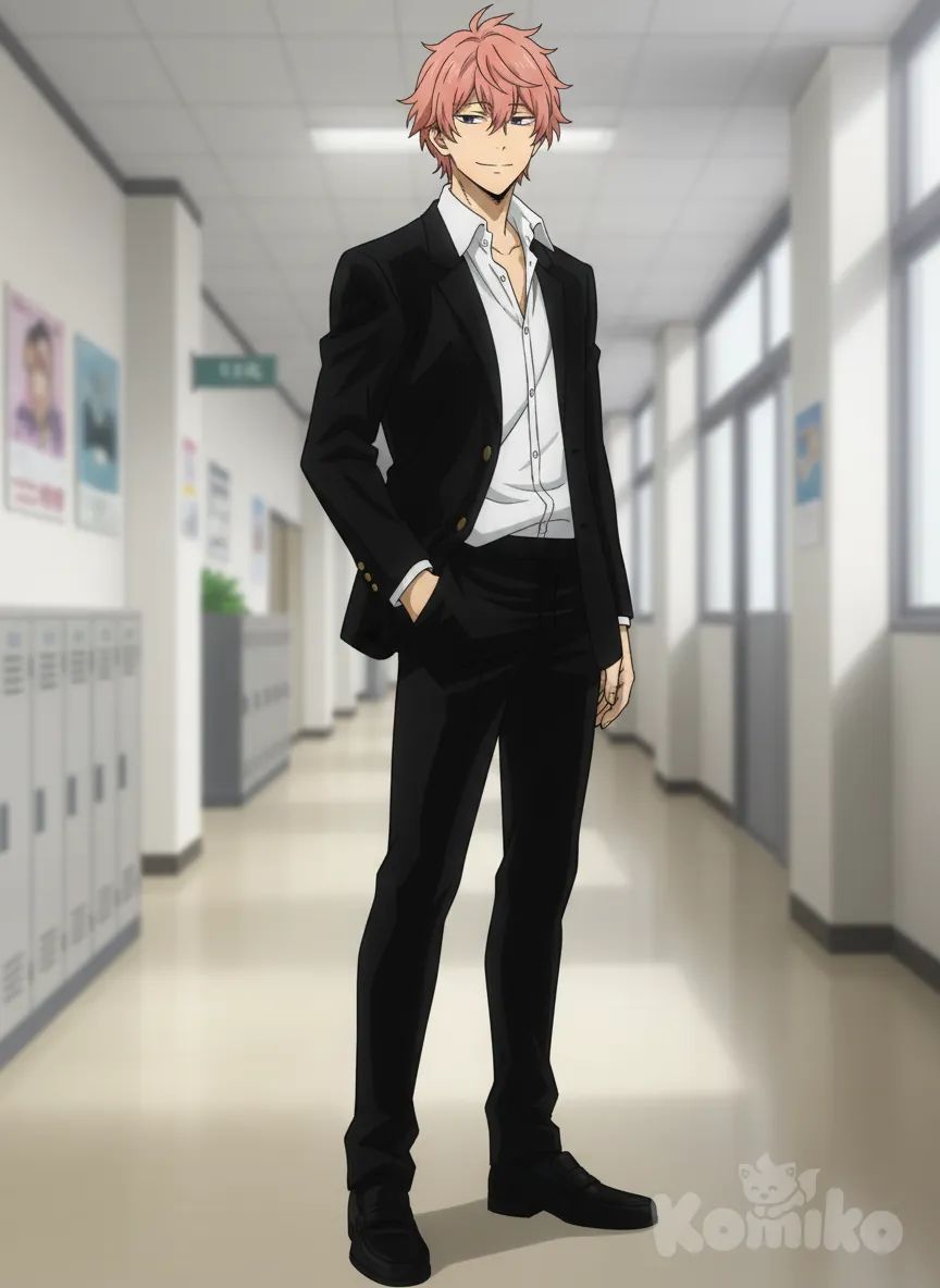 My Hero Academia, 
 • Saco negro: de corte recto, ligeramente holgado, con solapas visibles y las manos del personaje dentro de los bolsillos.
 • Camisa blanca: se ve parcialmente desabotonada en la parte superior, dando un aire relajado. El cuello está abierto y algo desordenado.
 • Pantalón negro: delgado y ajustado al cuerpo, siguiendo una línea estilizada.
 • Zapatos negros: de estilo formal, tipo mocasines o loafers, sin calcetines visibles.
 • Postura general: Está erguido, con el cuerpo ligeramente inclinado hacia un lado, lo que transmite una vibra tranquila y confiada.
 • Brazos y manos:
 • La mano derecha está dentro del bolsillo del pantalón, reforzando la actitud relajada.
 • El brazo izquierdo cuelga naturalmente a un lado.
 • Piernas:
 • Las piernas están rectas, ligeramente separadas, sin tensión.
 • La posición de los pies es firme: uno ligeramente adelantado, dándole estabilidad y elegancia.
 • Cabeza y mirada:
 • La cabeza está ligeramente inclinada hacia adelante., anime style