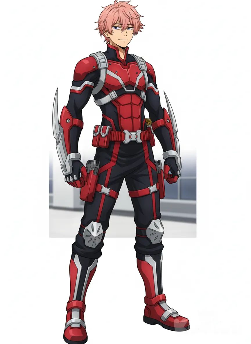 My Hero Academia, 
⭐ Estilo general
 • Ajustado y altamente estructurado, pensado para movilidad y protección.
 • La paleta de colores combina negro oscuro con rojo intenso y detalles en plateado metálico.
 • La silueta es atlética y segmentada, como si cada parte del traje estuviera diseñada para cumplir una función específica.

⭐ Parte superior
 • El torso está cubierto por una coraza flexible roja, con paneles rígidos protectores en pecho y hombros.
 • Tiene arneses y correas plateadas que refuerzan el diseño y parecen servir para sujetar equipo táctico.
 • Las mangas son negras, ajustadas, con detalles rojos en antebrazos.
 • En las muñecas lleva proyectores o protectores afilados, tipo guanteletes blindados.

⭐ Cintura y accesorios
 • Un cinturón táctico grueso y metálico, con múltiples compartimentos y bolsillos laterales.
 • Dos fundas o contenedores adicionales en los muslos, probablemente para herramientas, cargadores o dispositivos.

⭐ Parte inferior
 • Pantalones negros con líneas rojas bien definidas, reforzados en zonas clave.
 • Rodilleras blindadas color rojo y plateado, integradas al traje.
 • Botas robustas de color rojo, estilo militar futurista, con correas y paneles armados., anime style