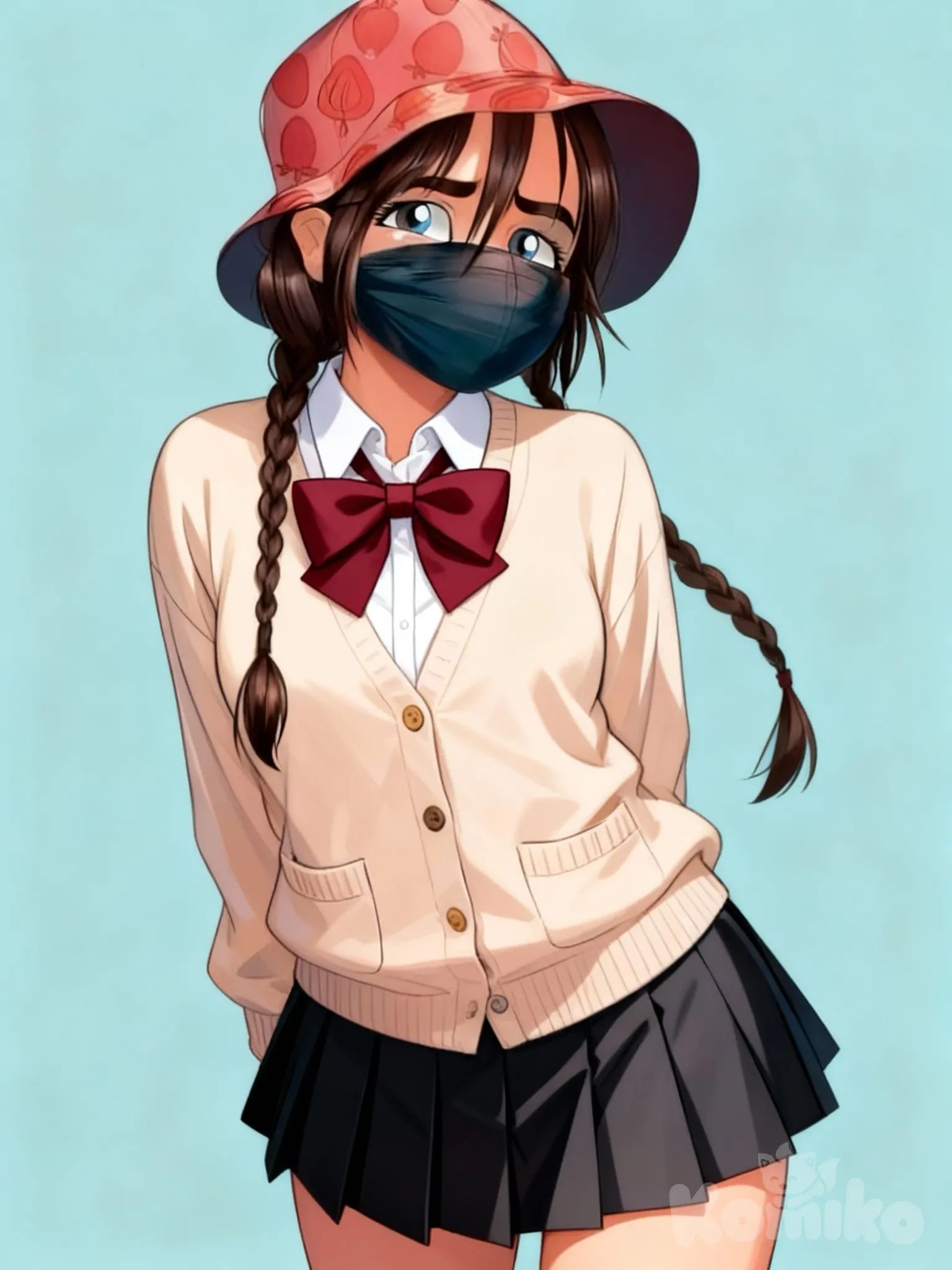 My Hero Academia,
Parte superior:
 • Lleva una camisa blanca con cuello clásico, visible bajo un suéter tipo cárdigan color beige claro.
 • El suéter tiene bolsillos delanteros, botones al frente y un ajuste ligeramente suelto.
 • Sobre la camisa, en el cuello, hay un lazo grande de color rojo vino, típico de los uniformes escolares japoneses.
 • Parte inferior:
 • Usa una falda corta plisada de color gris oscuro o negro, de estilo tradicional japonés (seifuku).
 • Otros detalles:
 • La combinación de camisa blanca + cárdigan beige + lazo rojo + falda oscura es muy común en los uniformes de anime ambientados en escuelas