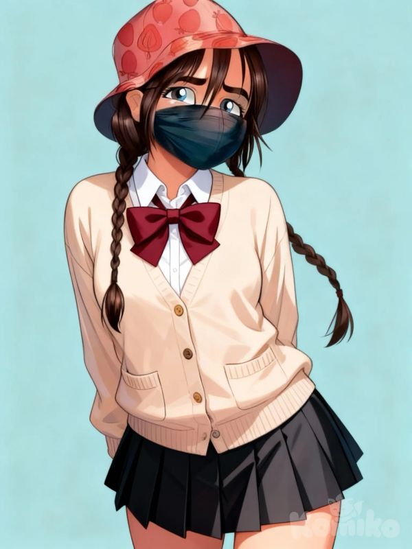My Hero Academia,
Parte superior:
• Lleva una camisa blanca con cuello clásico, visible bajo un suéter tipo cárdigan color beige claro.
• El suéter tiene bolsillos delanteros, botones al frente y un ajuste ligeramente suelto.
• Sobre la camisa, en el cuello, hay un lazo grande de color rojo vino, típico de los uniformes escolares japoneses.
• Parte inferior:
• Usa una falda corta plisada de color gris oscuro o negro, de estilo tradicional japonés (seifuku).
• Otros detalles:
• La combinación de camisa blanca + cárdigan beige + lazo rojo + falda oscura es muy común en los uniformes de anime ambientados en escuelas