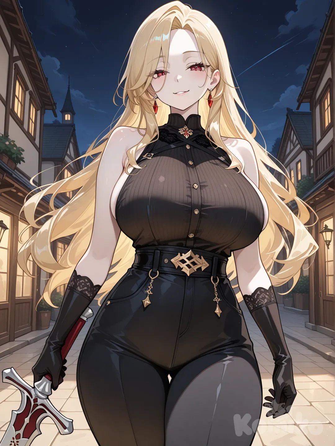 sexy body, mature female, long gold hair, scarlet red eyes, alabaster skin, beautiful woman, sleeveless clothes, huge breasts, seductive smile, holding sword, shirt, night, absurdres, black pants, black gloves, clarent sword