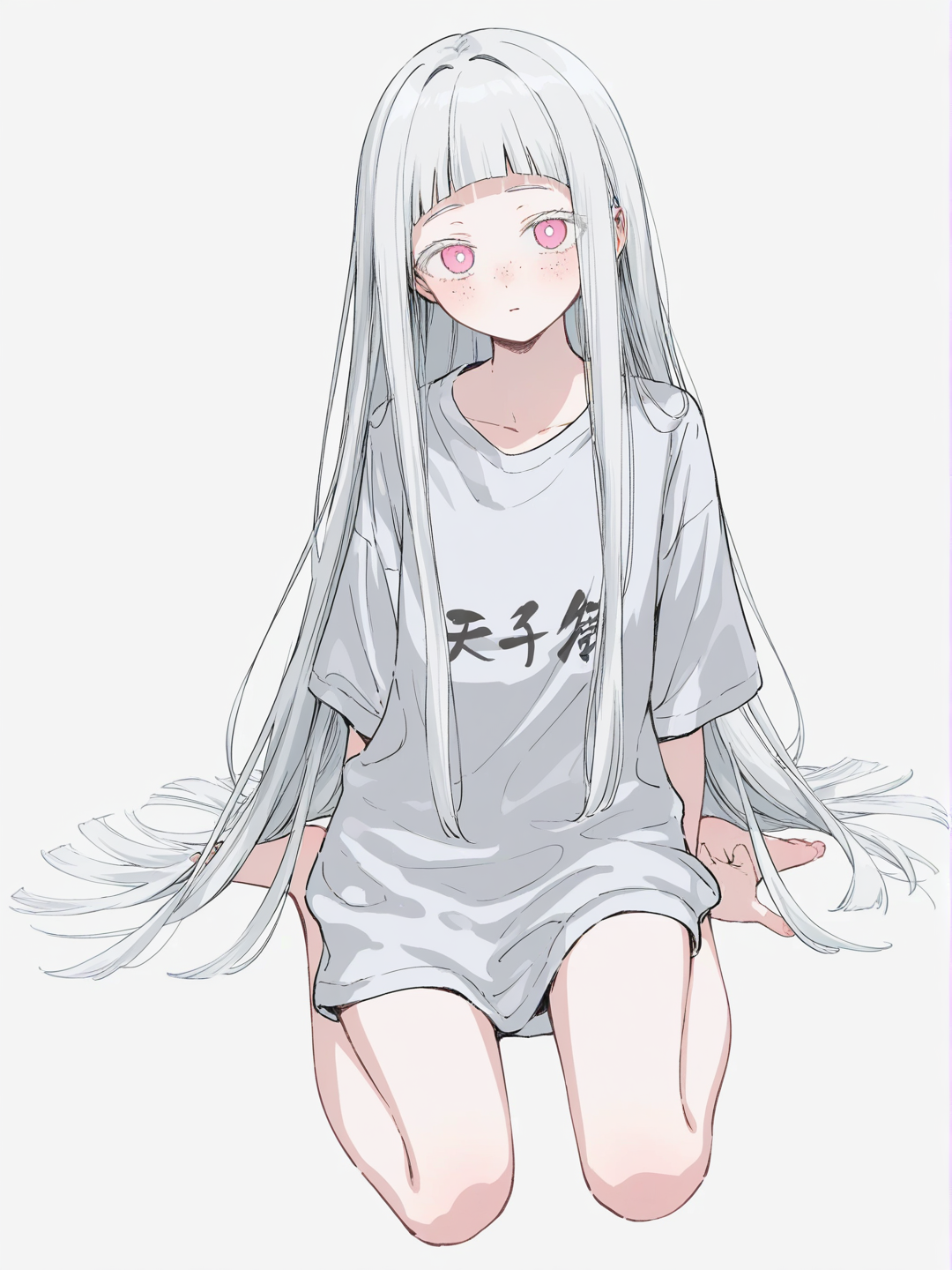 [soft-pastel-style] 1girl, demon slayer style, my hero academia style, teenager, tall, slim, white hair, straight hair, long hair, pink eyes, freckles, single character, full body, looking at viewer, simple background, white background