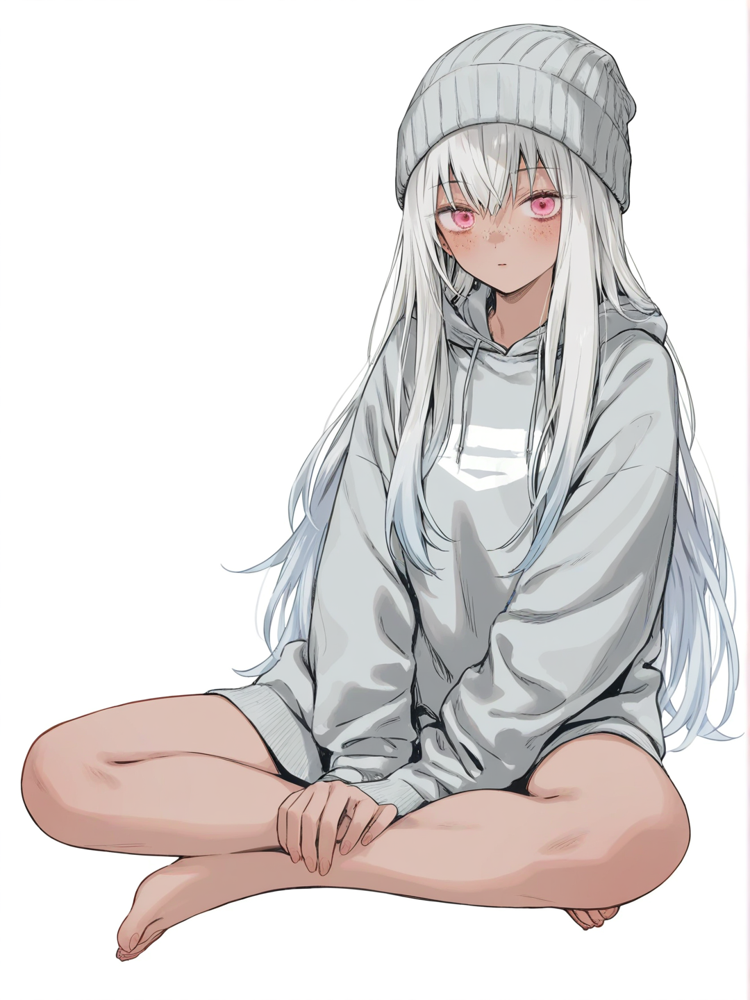 [soft-pastel-style] 1girl, kimetsu_no_yaiba, muscular, slim, tall_girl, long_hair, straight_hair, grey_hair, pink_eyes, freckles, sitting, hoodie, tan, beanie, single character, full body, looking at viewer, anime style, simple background, white background