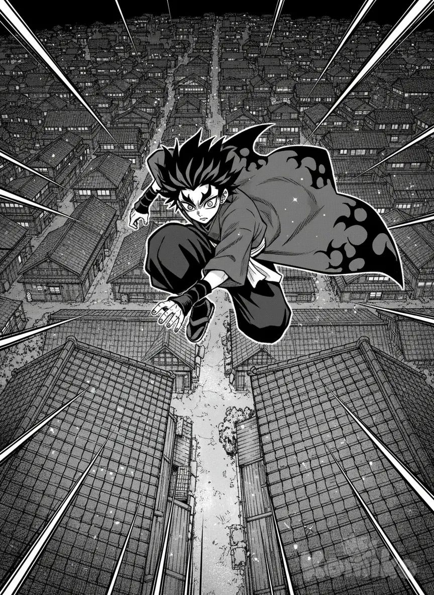 <ozuna-kama-Zrq7>, jumping from rooftop, head tilt, bird's-eye view, city lights, village, black and white manga style, anime style