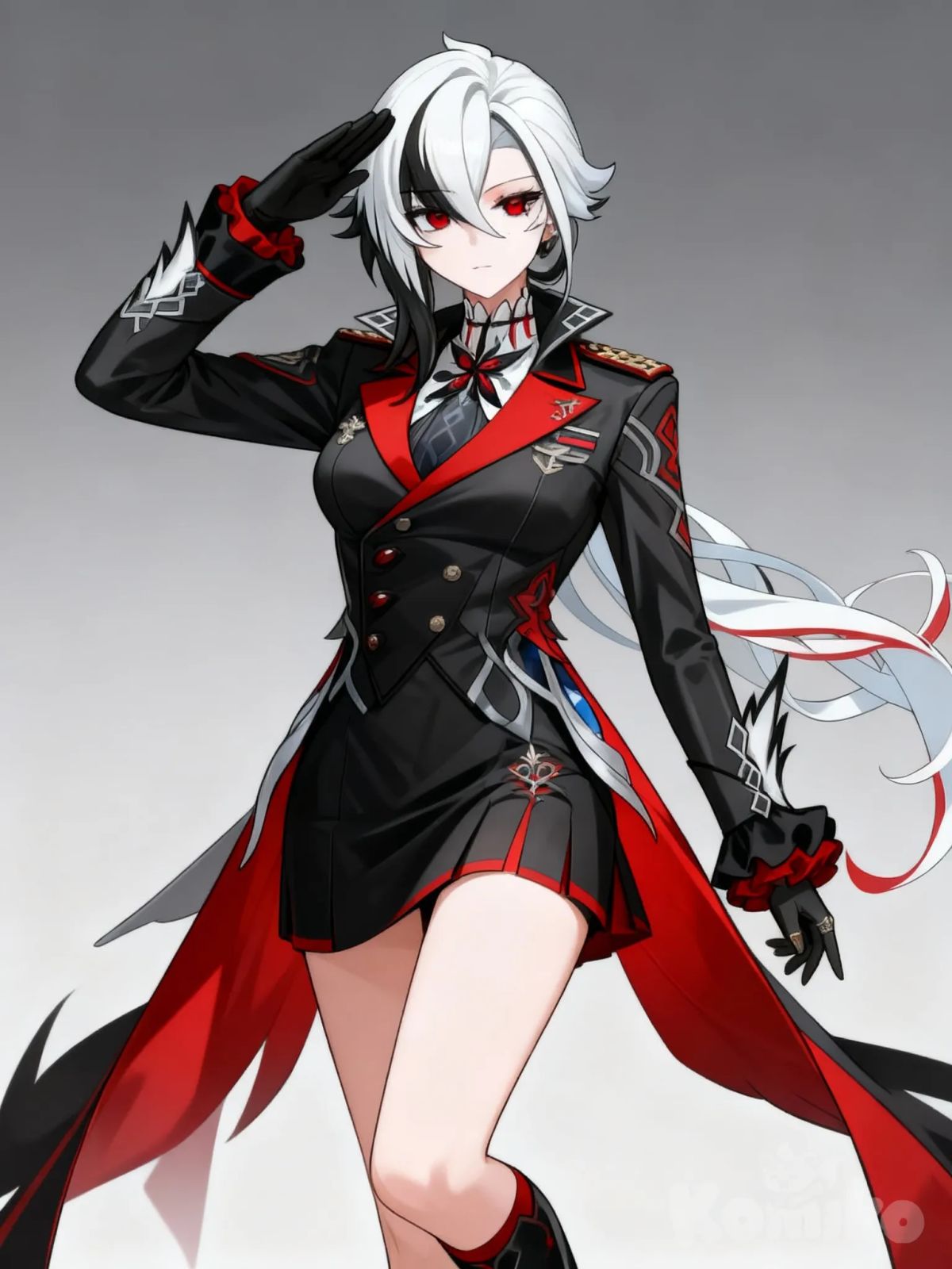 @Arlecchino_(Genshin_Impact) в военной форме с юбкой, отдаёт честь