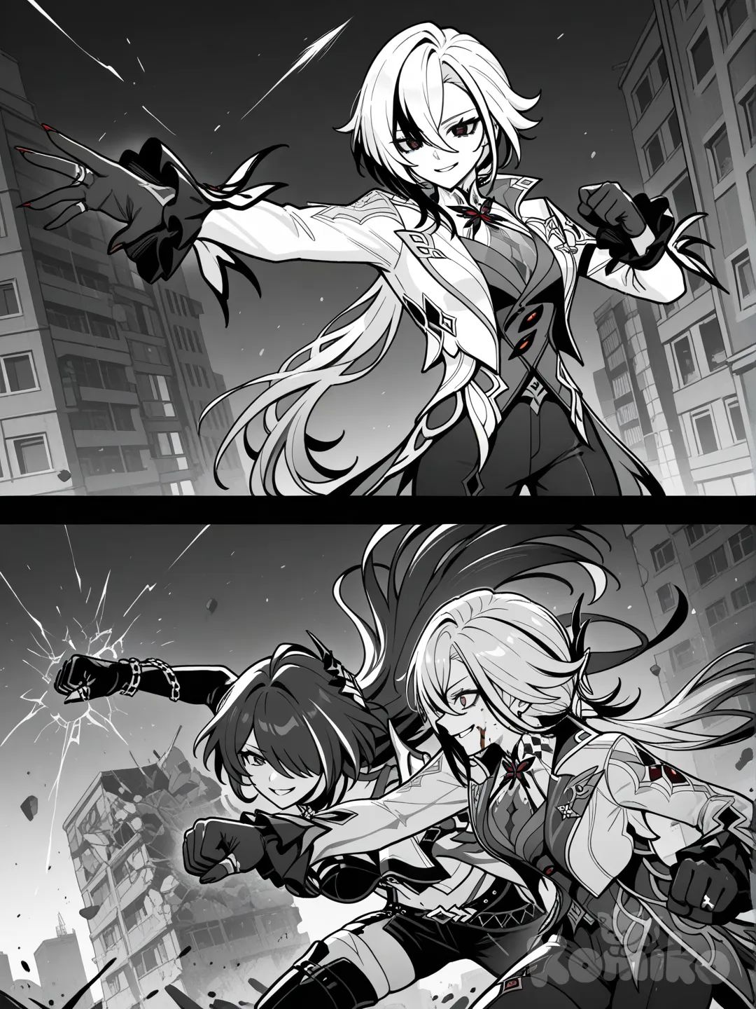 Acheron_(Honkai:Star_Rail) дерётся с Arlecchino_(Genshin_Impact) улыбаясь как сумасшедшие в крови и своими ударами ломают здание