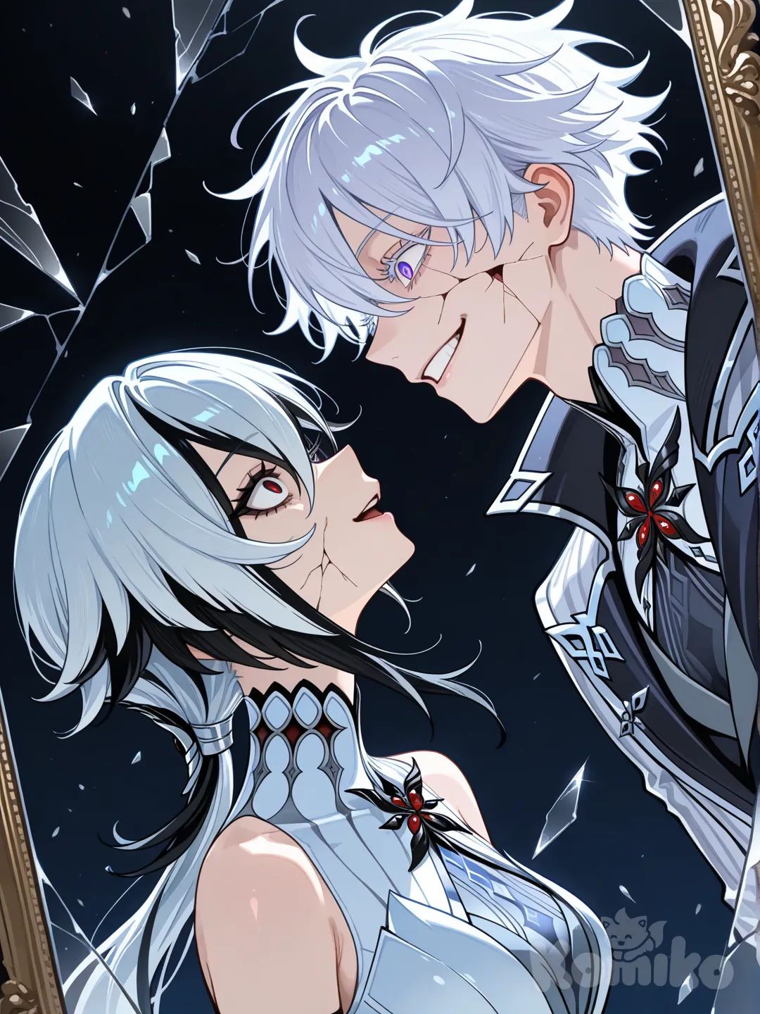 Тела @Arlecchino_(Genshin_Impact) и @Gojou_Satoru раскалываются в осколки, но они улыбаются как безумцы с раскрытыми глазами и широкими открытыми улыбками, поллица каждого в профиль, по пояс, безумие, осколки зеркала
