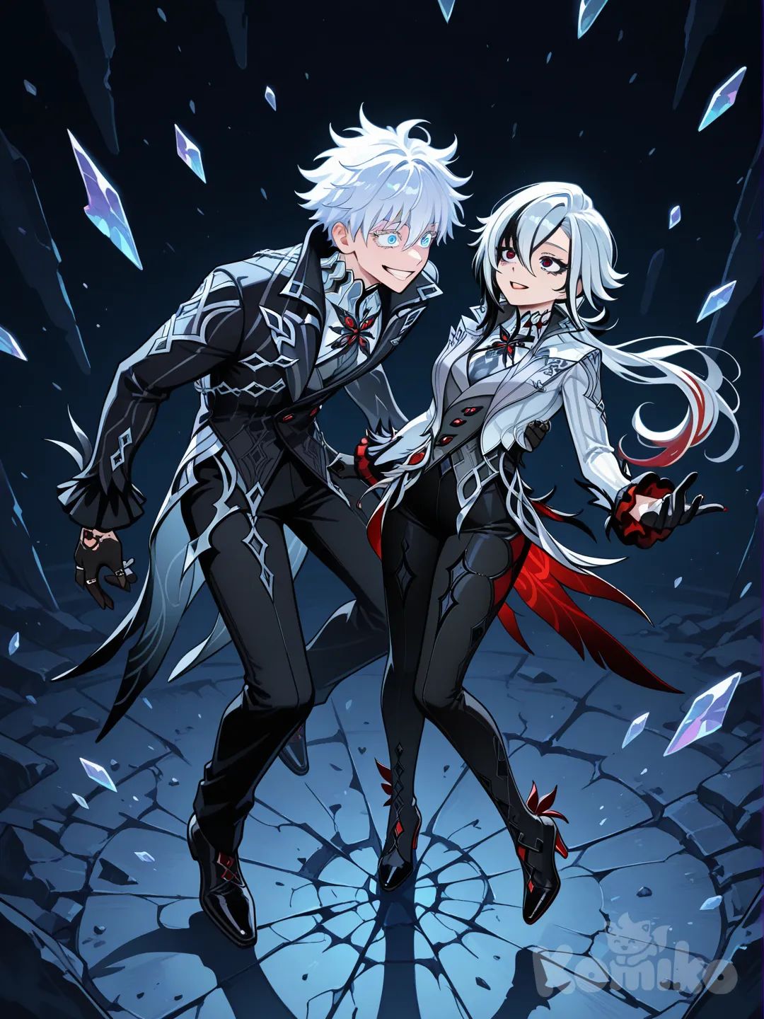 Тела @Arlecchino_(Genshin_Impact) и @Gojou_Satoru раскалываются в осколки, но они улыбаются как безумцы с раскрытыми глазами и широкими открытыми улыбками, смотря друг на друга безумие, глаза в глаза, бесконечность