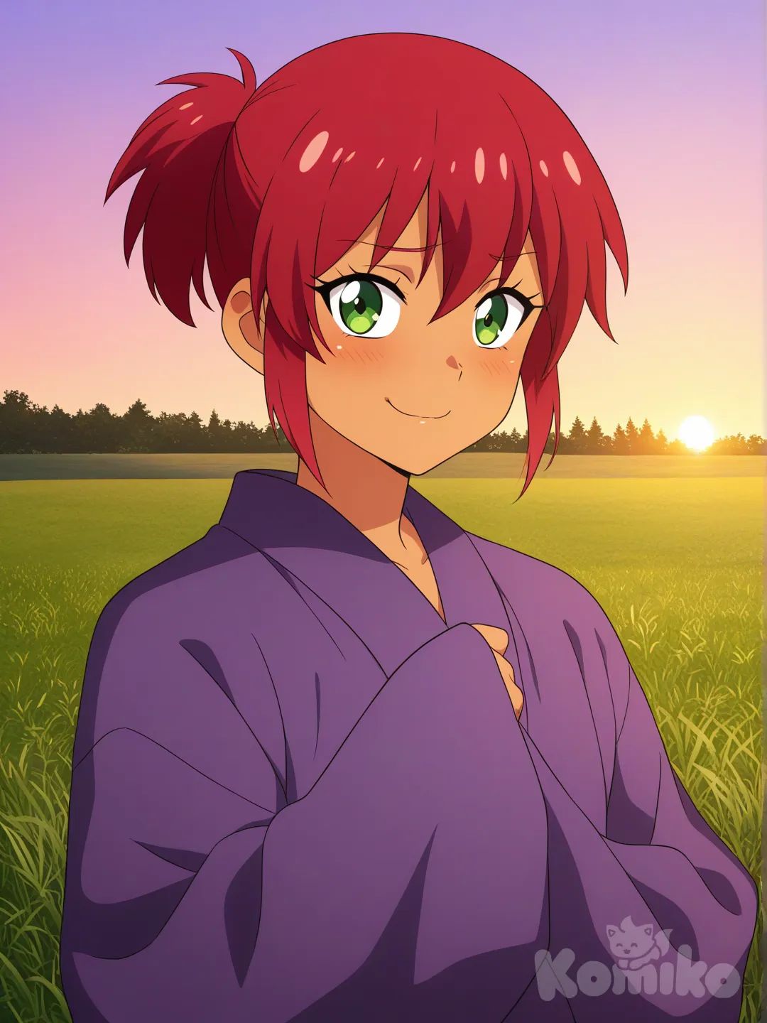 Femboy, tsundere, short ponytail, green eyes, red hair, tan skin, purple kimono, oversized sleeves, 1boy, eyelashes, comic, shy smile, cutesy expression, accurate lineart, no intense blurring, closeup, upper body, portrait, ambient light, twilight, grassland, blue sky, [pop-anime-style]