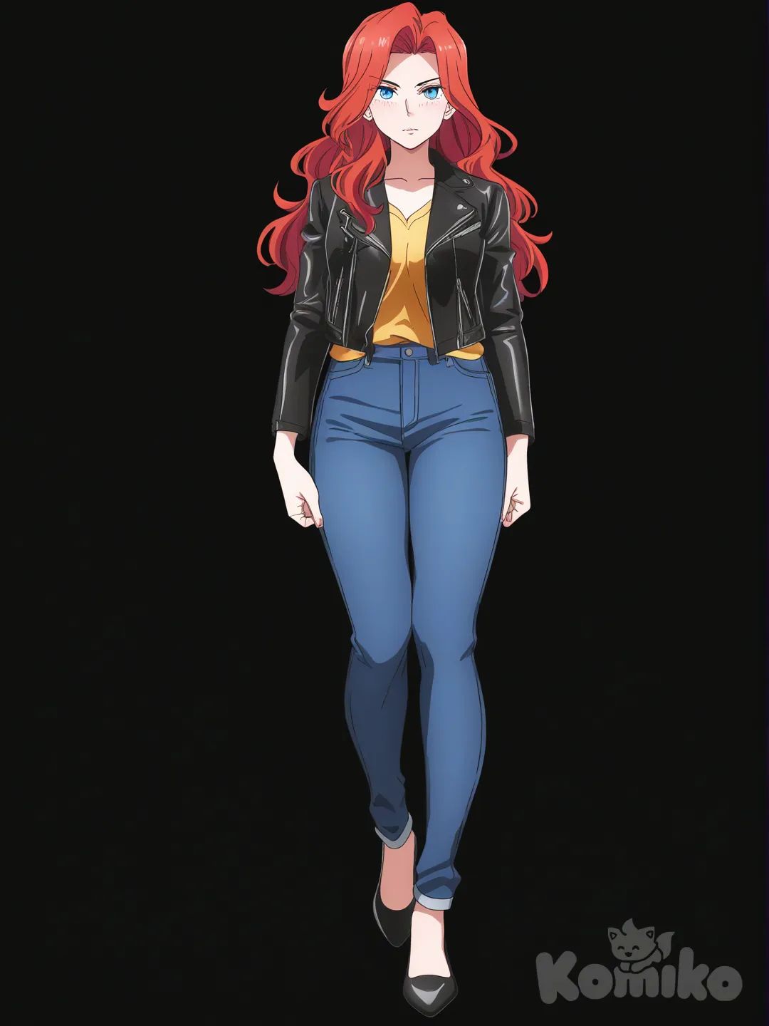 [bright-anime-style] 1girl, mature, tall, red_hair, blue_eyes, fair_skin, leather_jacket, jeans, suit, single_character, full_body, looking_at_viewer, anime_style, simple_background, white_background