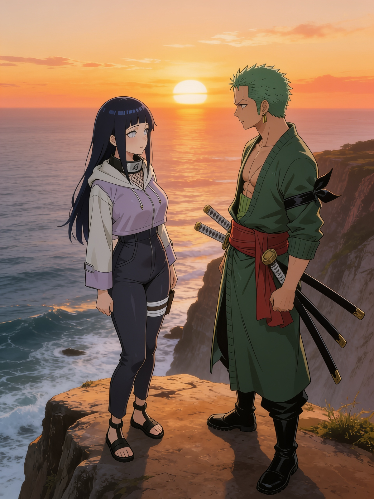 Hinata y Zoro al atardecer debido que Zoro se pedio  🌅💕