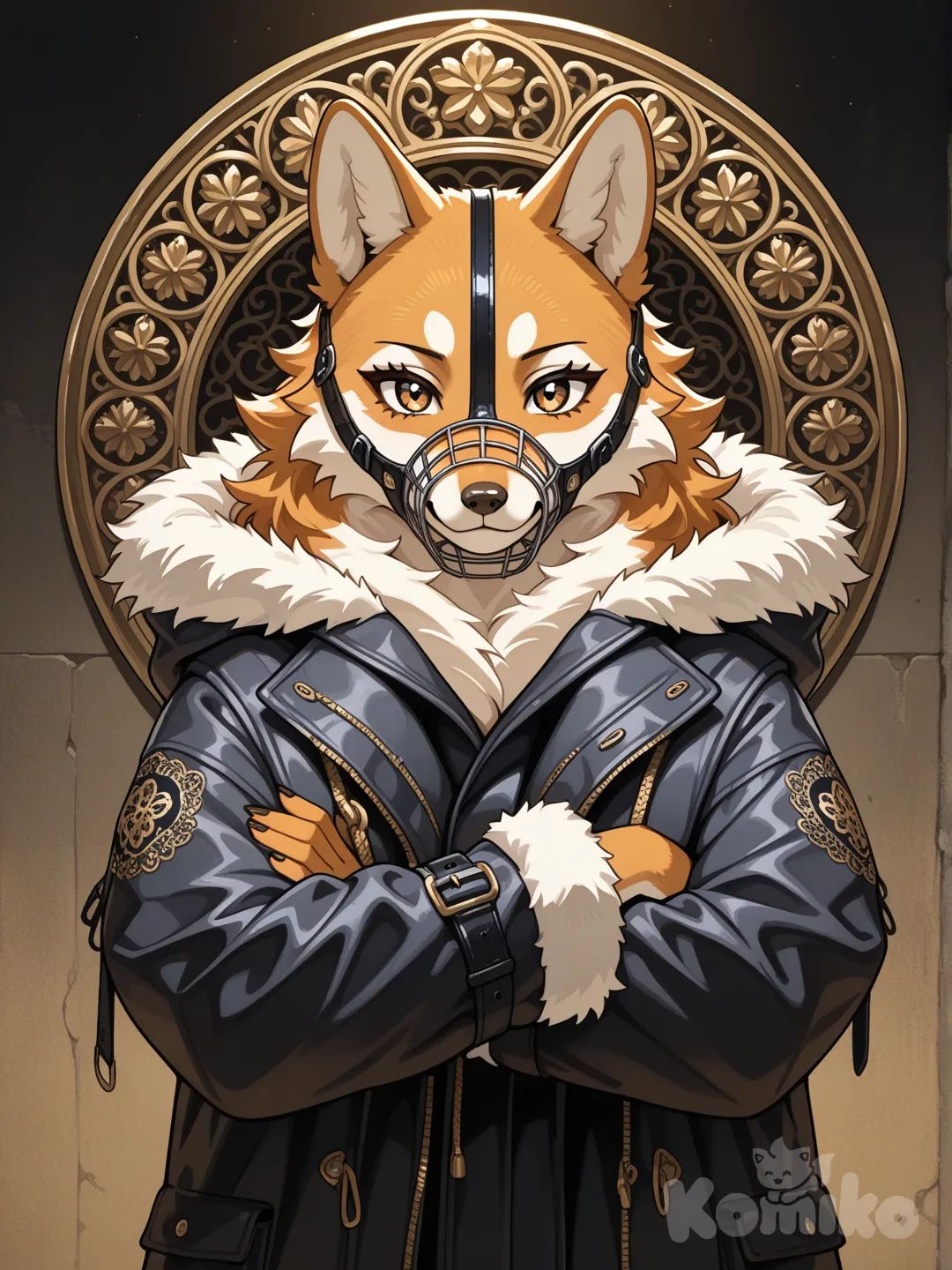 1girl, furry, anthropomorphic c/imagine prompt:A digital painting of an anthropomorphic wolf wearing a metal cage-style muzzle with leather straps, and a heavy hooded winter coat with fur lining. Arms crossed, standing confidently in front of an ornate heraldic golden frame with floral filigree. The muzzle is with steel bars and black leather. Warm light casts shadows from the muzzle across his fur. Created Using: digital fine art brushes, parchment texture overlay, fantasy clothing design, high realism muzzle detailing, chiaroscuro lighting, glibatree prompt, textured background, vintage illustration style, symmetrical composition, gold-and-brown color palette --ar 2:3
haracter, cute, smiling, colorful fur, vibrant eyes, playful pose, ultra-