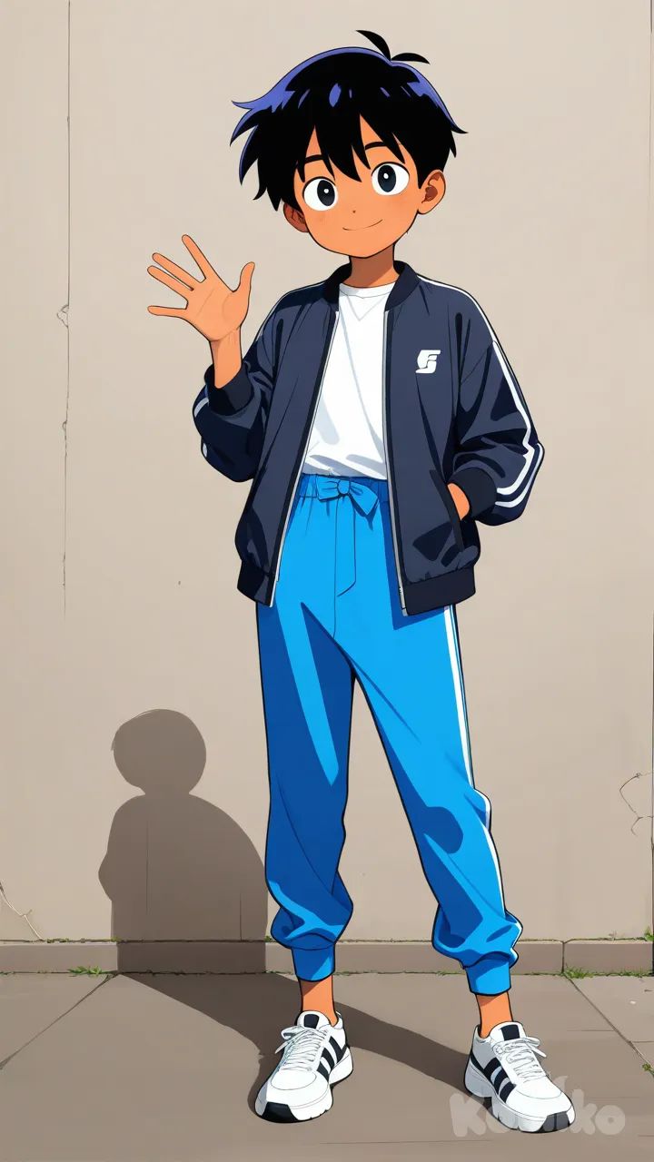 Animated character, young man, short hair, dark hair, medium skin tone, standing and waving with a friendly expression, He wears a dark blue zip-up jacket with pockets, a light-colored shirt underneath, matching blue pants, and gray athletic sneakers with simple stripe details, The art style is clean and smooth, similar to modern Western animation, with soft shading and warm highlights, full body