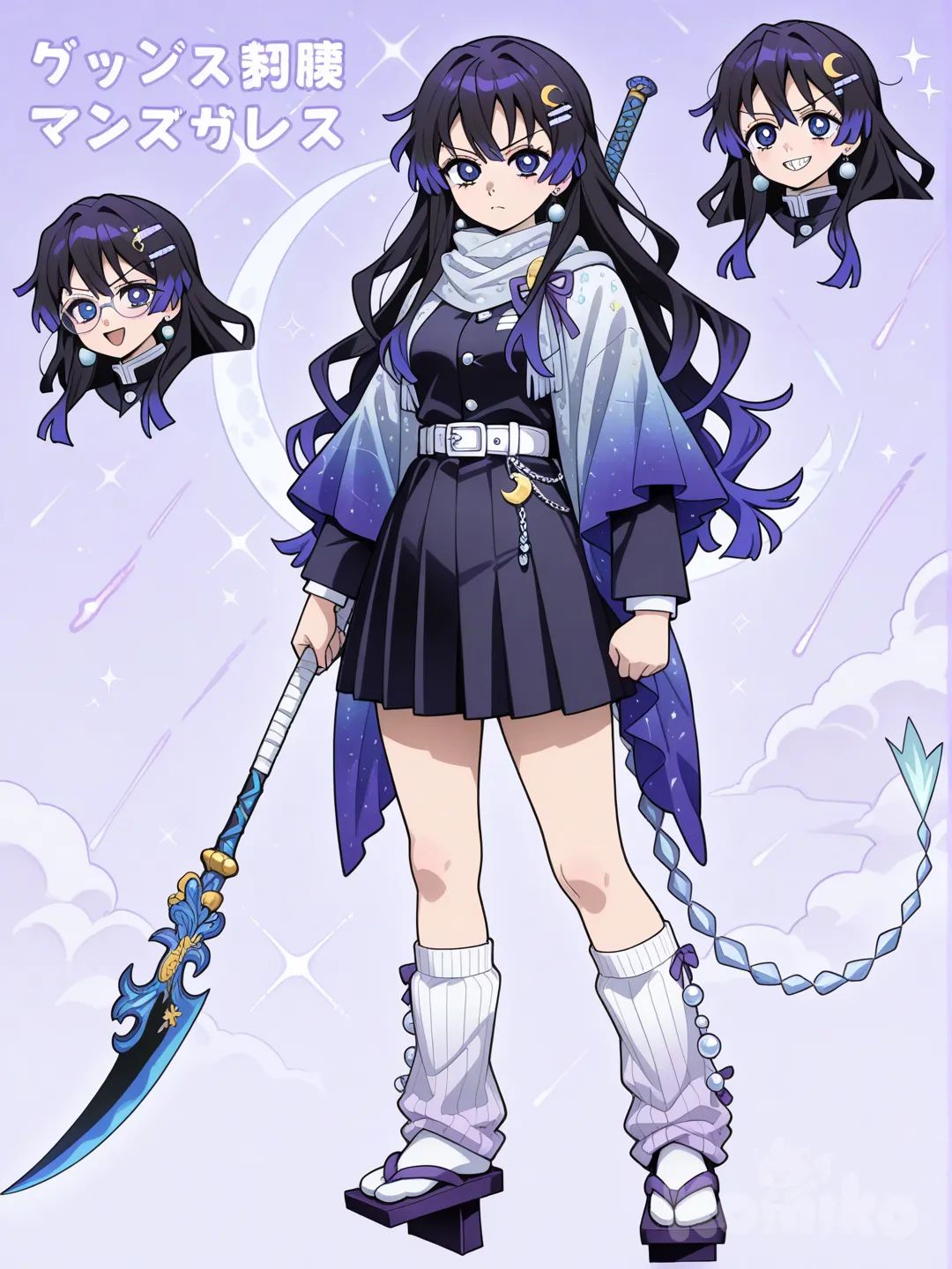 1girl, Demon Slayer style, original character in the world of Demon Slayer, teenager,Age 14 years old , slim, short, blue hair, purple hair, black hair, messy hair, curly hair,Messy bangs, blue eyes,demon slayer uniform , earrings, necklace, scarf, glasses, knee-high socks,Geta,Top: Button-up uniform top with sharper collar

Skirt: Structured, A-line skirt for movement

Length: Above the knee

Details:

Thin silver line around hem

Small crescent-moon design on the left side

Legwear: Knee-high socks or wrappings

Leg Warmer Idea 4 — “Fluffy Crescent Clouds”

Cute and soft

Soft, fluffy warmers in light lavender or white

Subtle cloud-like texture with tiny crescent shapes woven in

Puff slightly at the top but tighten at the ankle

Very anime-style cute

Quiet + soft

Soft gray wood with matte finish

Straps: pale lavender or white

Heel teeth wrapped in thin cloth so they make less noise (stealth vibe)

Simple and beautiful

Loose + soft movement

Long, slightly oversized sleeves that slip over the hands

Navy or lavender with tiny star-like speckles

Ends cover half the fingers

Soft anime aesthetic and matches skirt flow

Long, flowing, dramatic

A long shawl that tapers at the ends like a comet tail

Colors: gradient navy → violet → silver

Small star sparkles stitched into the long tail pieces

Looks like it trails behind her when she runs

Soft, layered, magical

Layered shawl that sits around her shoulders like soft waves

Base color: deep blue

Scattered tiny embroidered white stars

Ends have thin ribbon tails like streaming starlight

Cute + celestial

Comet Hair Clip

Small metal clip shaped like a shooting star

Tail made of thin silver chains

Moves when she moves, like a falling comet

Comet Tail Belt Charm

A small charm shaped like a comet core with a long, narrow “tail” piece

Hangs from her belt or waist sash

Tail is thin metal or ribbon that sways as she runs

Starfall Ear Cuffs

Ear cuffs shaped like tiny stars connected by a thin chain

A silver streak connects them to imitate a comet’s path

Elegant but subtle

Meteor Bracelet

Dark band with tiny silver studs shaped like meteors

Small curved streak engraved to mimic a comet orbit

Worn tightly so it doesn’t move during combat

Shooting Star Tabi Clips

Little silver star clips attached near the ankle of the tabi socks

Small tail-shaped lines engraved behind each star

Subtle but very cute

Comet Tail Bookmark (Demon Slayer Corps)

For her uniform documents or sword care notes

Shaped like a comet, with a ribbon tail

Could be a keepsake or something from her mentor

 Celestial Scarf Pin

Pin shaped like a comet crashing through tiny constellations

Holds her comet shawl or haori closed

Beautiful centerpiece accessory

 Mini Meteor Earrings

Small drop earrings that look like falling meteors

White stone at the top, metal tail dangling down

Perfect for a soft but pretty look

Starfall Layers”

Medium-long hair

Layered cuts so the ends flick outward like streaks

Light bangs or curtain bangs

Gives motion even when still

“Lunar Comet Scythe”

Crescent-shaped scythe blade (moon)

With a long tail-like extension behind the blade (comet)

Very dramatic, fantasy-style but still fits Demon Slayer themes

CHARACTER SHEET, WEAPON, MULTIPLE EXPRESSIONS