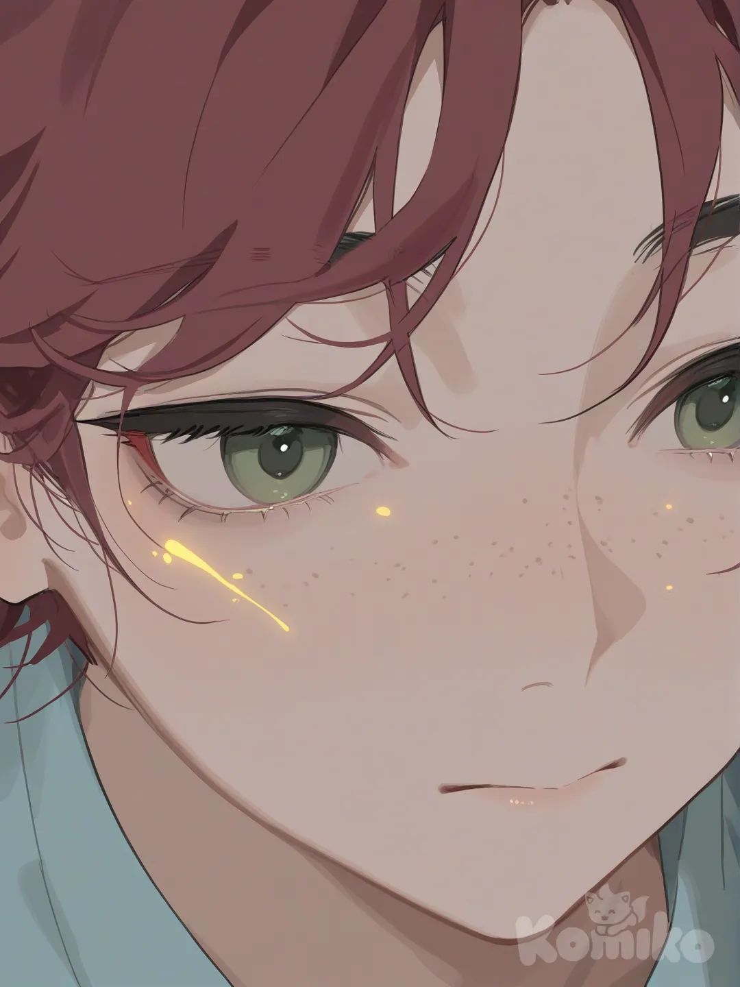very aesthetic, absurdres, older woman,red hair, freckles,wrinkles,green eyes, light blue shirt, soft look,up close, yellow light on skin, clear face, old , anime coloring
