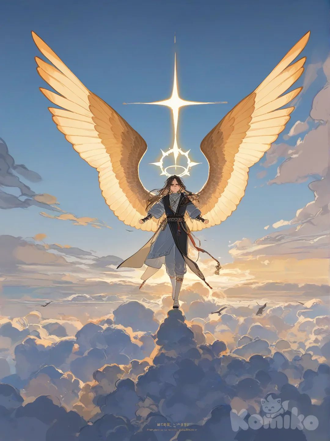 angels, on clouds, in sky, big gate , [lacquered-illustration-style], bird's-eye view, panoramic lens, looking at viewer, cinematic lighting, day, blue sky, standing