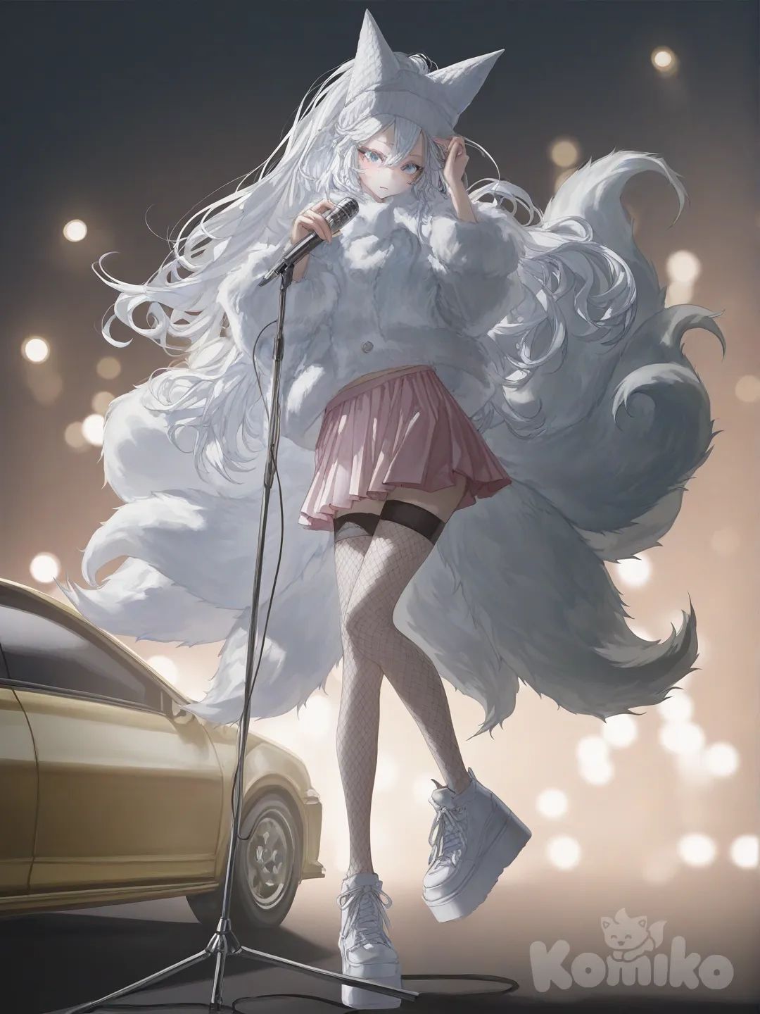 [soft-light-illustration-style]
【构图与镜头系统】
全身立绘（Full Body Shot）景别，采用**正面微侧平视视角**（视轴向量(0.1, 0.0, -1.0)，方位角10°，俯角0°），画面比例9:16（竖屏潮流立绘，分辨率4500×8000）；角色主体锚定画面**中心黄金分割交叉点**（横向0.5坐标，纵向0.5坐标），以“抬手扶帽、重心侧倾”姿态构建**C型动态引导线**（向量(-0.3, 0.6, 0)）；启用**浅景深效果**（焦平面Z轴坐标-1.5m，光圈f/1.8，弥散圆直径0.6px），焦平面精准落于角色虹膜区域，背景启用**Bokeh高斯模糊算法**（模糊半径5px，采样数16x）做符号化虚化；画面留白像素级分配：左侧改装车区域（X0.0-X0.15/Y0.2-Y0.8）、右侧麦克风架区域（X0.85-X1.0/Y0.3-Y0.8）、上下暗调背景（X0.0-X1.0/Y0.0-Y0.2、X0.0-X1.0/Y0.8-Y1.0）各占5%。

【角色资产与拓扑材质】
日系二次元甜酷少女（拓扑结构遵循Y2K潮流人体美学，头身比7.5:1，面部拓扑面数3000+，身体拓扑面数8000+）：
- 毛发系统：白色高马尾发型（**切线空间发丝纹理**，曲率波动值1.5，置换贴图分辨率2048x2048），次表面散射（SSS）半径0.1mm、强度0.1，粗糙度0.2（受光区）/0.4（暗部）；发丝与针织帽接触处通过**碰撞检测算法**生成自然贴合细节，高光沿发丝呈**粒子化点状分布**（色#FFFFFF，强度0.2，粒子大小0.5px）；九条白色狐尾自然垂落。
- 皮肤材质：采用**PBR金属-粗糙度工作流**，次表面散射半径0.2mm、强度0.4，肤色#FFE8D6；环境光遮蔽（AO）采样数32x、强度0.2，暗部叠加背景黄色车体#FDD835的**环境色反射**（混合模式Multiply，强度0.2）；肩颈/膝盖骨点高光采用**Specular Map高光贴图**（色#FFFDF9，强度0.3），叠加512x512**微毛孔纹理**（混合模式Overlay，强度0.1）。
- 面部拓扑：圆润精致五官，睁圆杏眼为**高对比度视觉锚点**（蓝色虹膜，拓扑为正圆，内嵌1px圆形硬边高光）；唇色#F48FB1通过**贴图烘焙**叠加（Alpha遮罩羽化值0.2px），无浓妆强化少女灵动特质。
- 服饰与肢体动力学：
 - 白色毛绒外套：毛绒肌理由**置换贴图+体积光渲染**实现（分辨率2048x2048，置换深度0.3mm），基底色#F5F5F5，粗糙度0.6；高光呈大块面柔和晕染（**Area Light区域光**模拟，强度0.3），模拟长纤维毛绒的蓬松透光特性。
 - 粉色百褶裙：褶皱由**Cloth Simulation布料模拟系统**生成（重力参数9.8m/s²，风力强度0.02，褶皱曲率波动值1.2），基底色#FCE4EC，粗糙度0.4；褶皱阴影启用**软阴影算法**（模糊半径1px，AO强度0.15）。
 - 尼龙网袜：网格纹理由**法线贴图**生成（分辨率1024x1024，网格间距5px），基底色#F9EBEA，粗糙度0.3；光影下形成规律菱形阴影（**Pattern Mapping图案映射**，模糊半径0.5px）。
 - 白色厚底鞋：采用**混合材质系统**（橡胶部分：金属度0.0、粗糙度0.7，色#E0E0E0；漆皮装饰：金属度0.1、粗糙度0.05，色#FFFFFF）；鞋身纹理通过**法线贴图**模拟（深度0.2mm），与地面接触处生成**压力阴影**（AO强度0.4，采样数16x）。
 - 肢体动力学：抬手扶帽（手指弯曲角20°，动力学刚度0.3），身体重心侧倾15°（左腿微屈30°，松弛度0.8；右腿支撑，关节刚度0.5），胯部顶出形成C型动态（骨骼旋转角：胯部10°、腰部5°）。

【场景资产与写实渲染】
街头舞台夜景（**写实化核心资产+符号化背景元素**）：
- 黄色改装车资产：车体色#FDD835，车漆启用**Cube Map立方体贴图**实现环境反射（反射率0.8，粗糙度0.1）；表面卡通贴纸仅保留**矢量轮廓**（色#FFFFFF，透明度80%），车体作为**半球形环境补光源**（色#FDD835，强度0.6，半径2m）。
- 麦克风架资产：金属支架（金属度0.9、粗糙度0.2，色#9E9E9E），仅露出右侧支架部分（画面X0.8-X0.95/Y0.3-Y0.8坐标），启用**Alpha遮罩**做符号化简化。
- 背景资产：暗调黑色基底（色#121212），细碎白色光斑由**Particle System粒子系统**生成（粒子大小1-3px，密度0.15，上升速度0.1px/帧，透明度70%）；远处建筑灯光仅保留**模糊光效**（色#BBDEFB，强度0.2，模糊半径3px）。

【光影系统与舞台感建构】
- 主光源：顶部舞台硬光（**Directional Light平行光**，方向向量(0.1, -0.8, 0.2)，色温5500K，强度1.4），硬阴影采样数64x，阴影锐利度0.7，形成强烈明暗对冲。
- 辅光源：黄色车体漫反射暖光（**Point Light点光源**，位置向量(-0.5, 0.3, -1.0)，色#FDD835，强度0.6）；麦克风架金属冷调反射光（**Reflection Light反射光**，方向向量(0.3, 0.2, -0.5)，色温6000K，强度0.2）。
- 光效细节：画面添加**Lens Flare镜头眩光**（色#FFFFFF，强度0.1，形状为线性，长度50px）；角色边缘启用**Rim Light轮廓光**（色#F5F5F5，强度0.15，范围1px），强化舞台中心视觉效果。

【色彩编码与渲染输出】
- 色彩占比：白色/浅灰冷调（#F5F5F5/#E0E0E0）50%、黑色暗调（#121212）30%、黄色高饱和暖调（#FDD835）15%、粉色低饱和暖调（#FCE4EC）5%；色彩空间Rec.709，色调映射启用**Filmic曲线**（对比度1.1，饱和度1.2），色域压缩采用**ACES色彩管理**。
- 渲染配置：Octane Render渲染器，PMC采样器（采样数2048），AI降噪强度0.8；输出格式16位浮点EXR，最终叠加**Hand-painted Brush手绘笔触纹理**（混合模式Overlay，强度0.1，笔触大小10px）；抗锯齿采用TAA算法（采样数24x）。