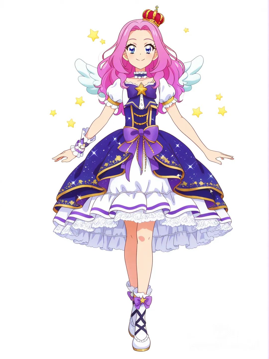[pop-anime-style] 1girl, aikatsu!, lee phunie, pink hair, blue eyes, long hair, wavy hair, tall, slim, mature, lolita dress, dress, ribbons, lace, sparkling clothes, crown, adorable, happy, smile, angel, idol, magical aura, stage, shining stars, star background, soft lighting, bright, single character, full body, looking at viewer, anime style, simple background, white background