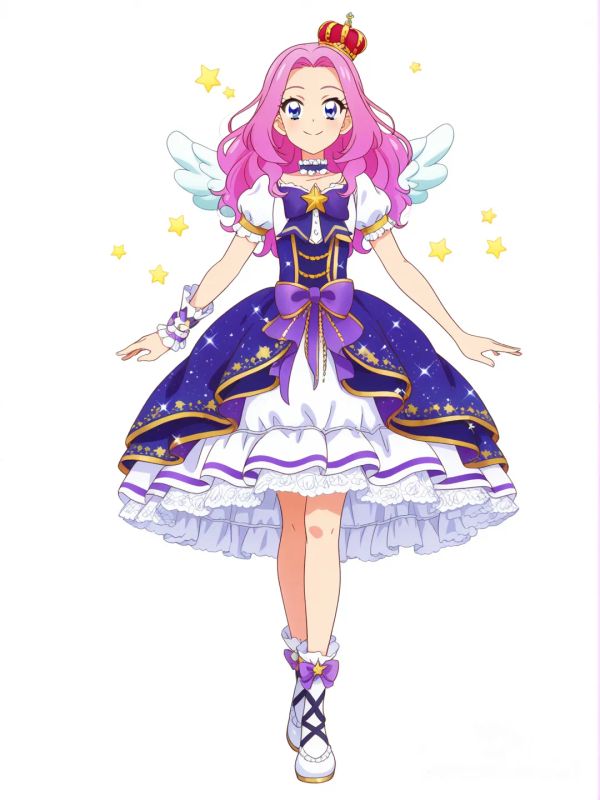 [pop-anime-style] 1girl, aikatsu!, lee phunie, pink hair, blue eyes, long hair, wavy hair, tall, slim, mature, lolita dress, dress, ribbons, lace, sparkling clothes, crown, adorable, happy, smile, angel, idol, magical aura, stage, shining stars, star background, soft lighting, bright, single character, full body, looking at viewer, anime style, simple background, white background