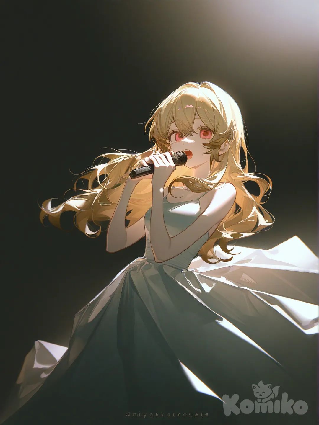 Hoshimiya Ichigo, [high-contrast-glossy-style], singing, portrait mặc váy siêu đẹp đang diễn backlight, clean background, stage