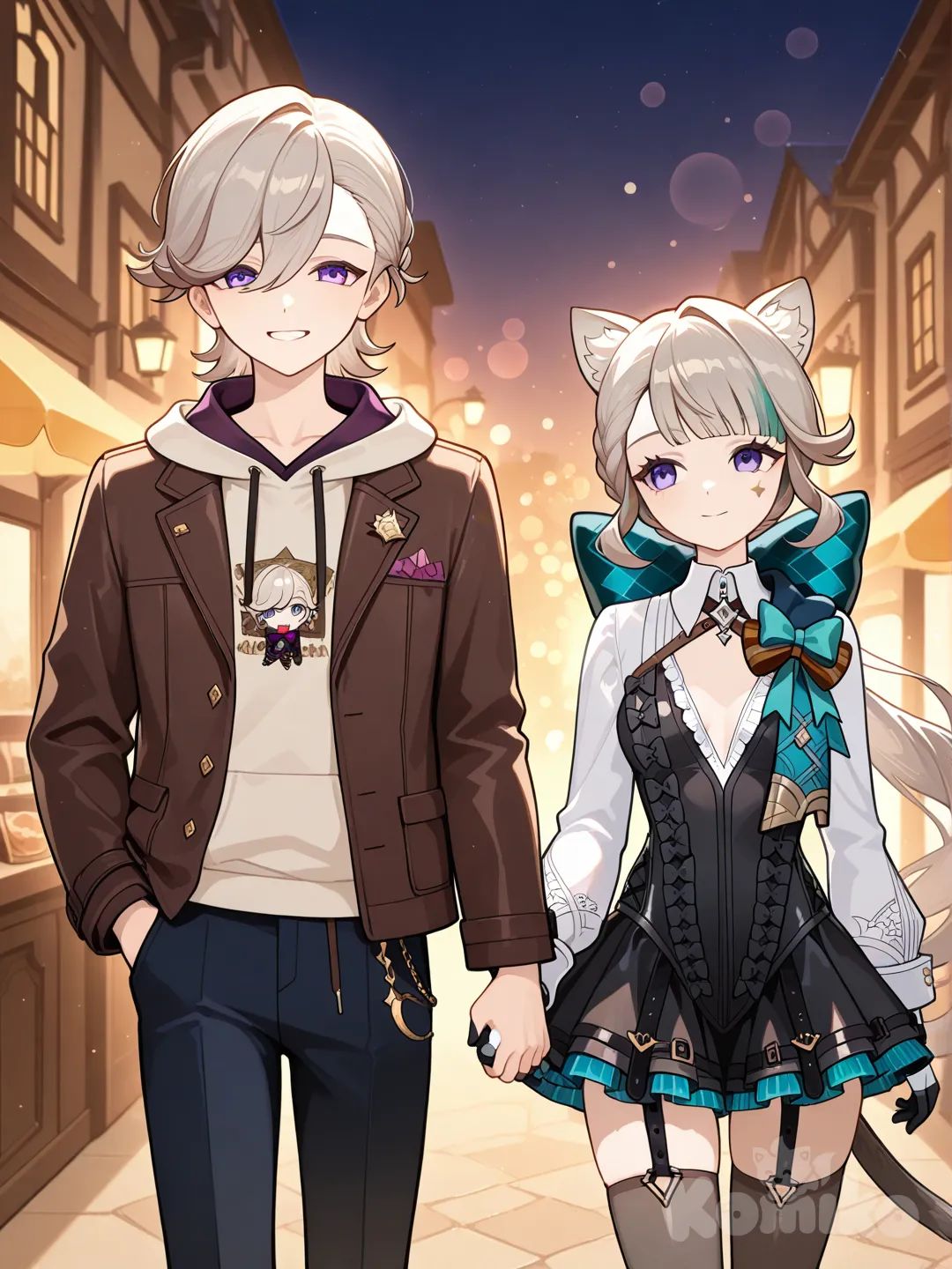 @Lyney_(Genshin_Impact), @Lynette_(Genshin_Impact), smile, holding hands, hands in pockets, depth of field