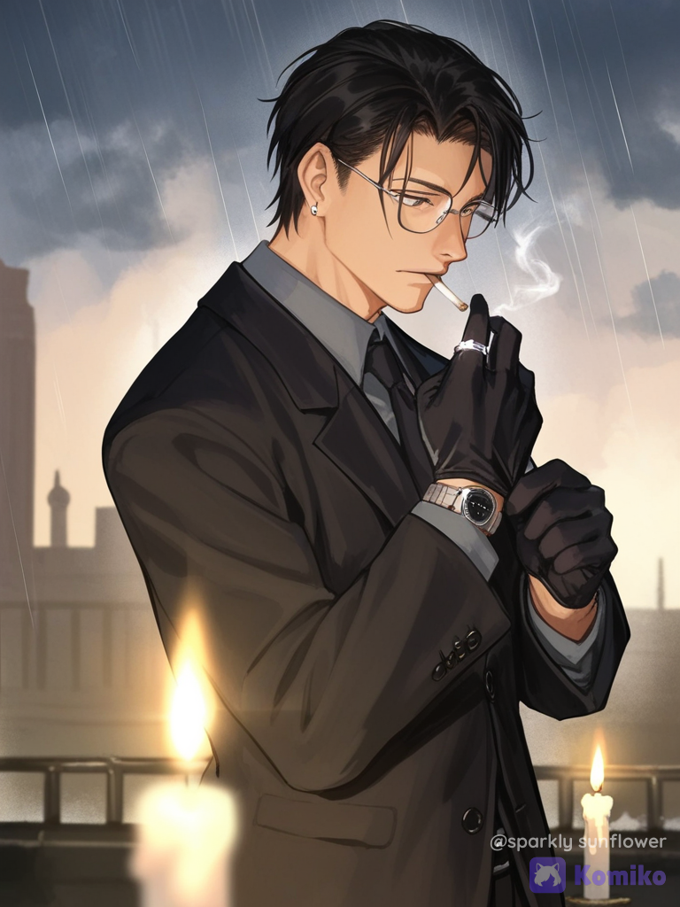 A man smoking a cigarette after a good and pricey meal, not having to worry about the cost of his me
