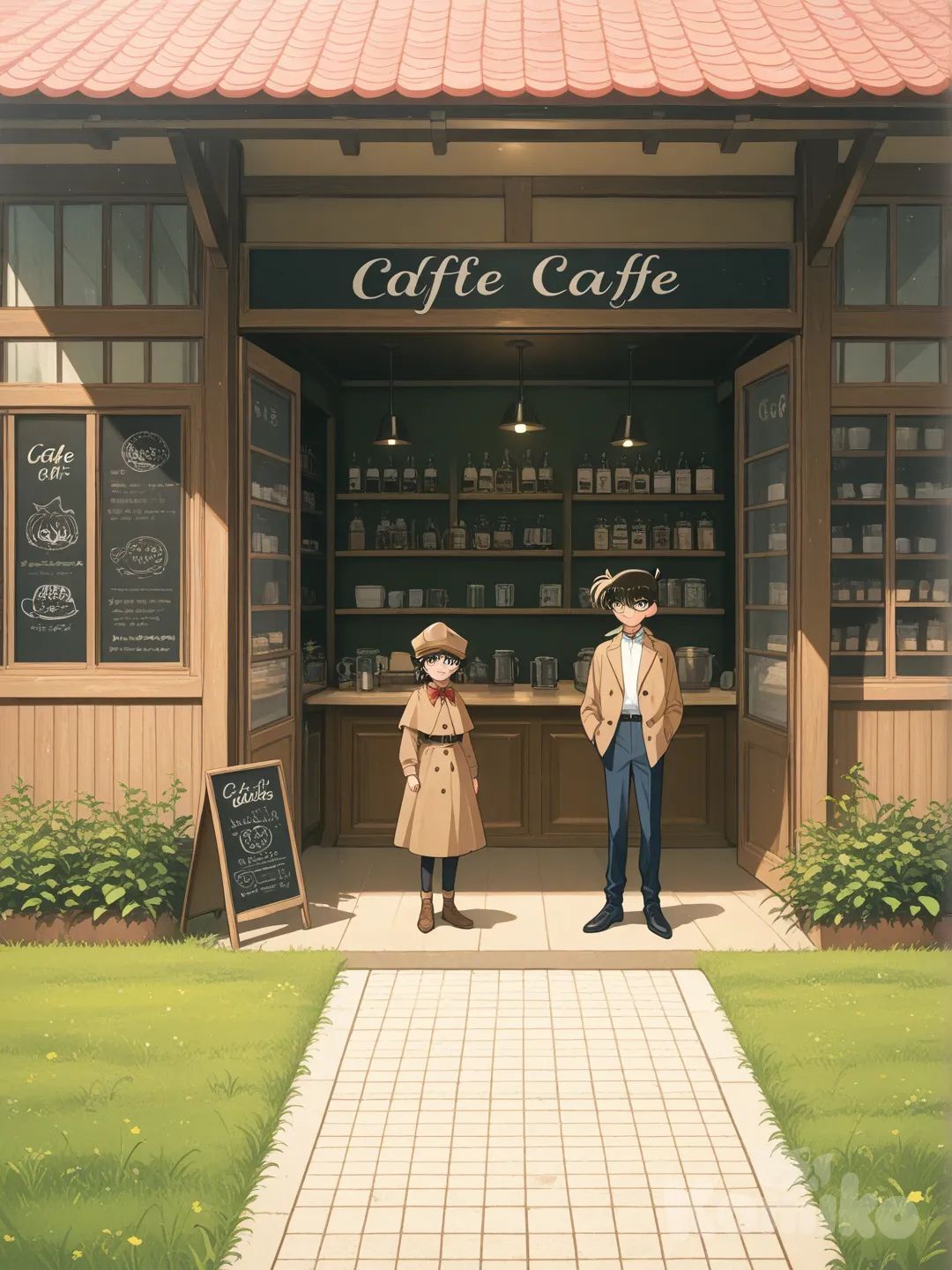 Detective Conan, Kudo Shinichi, Mori Ran, 1 girl, 1 boy, looking at viewer, full body, ultra-wide shot, cafe, grassland