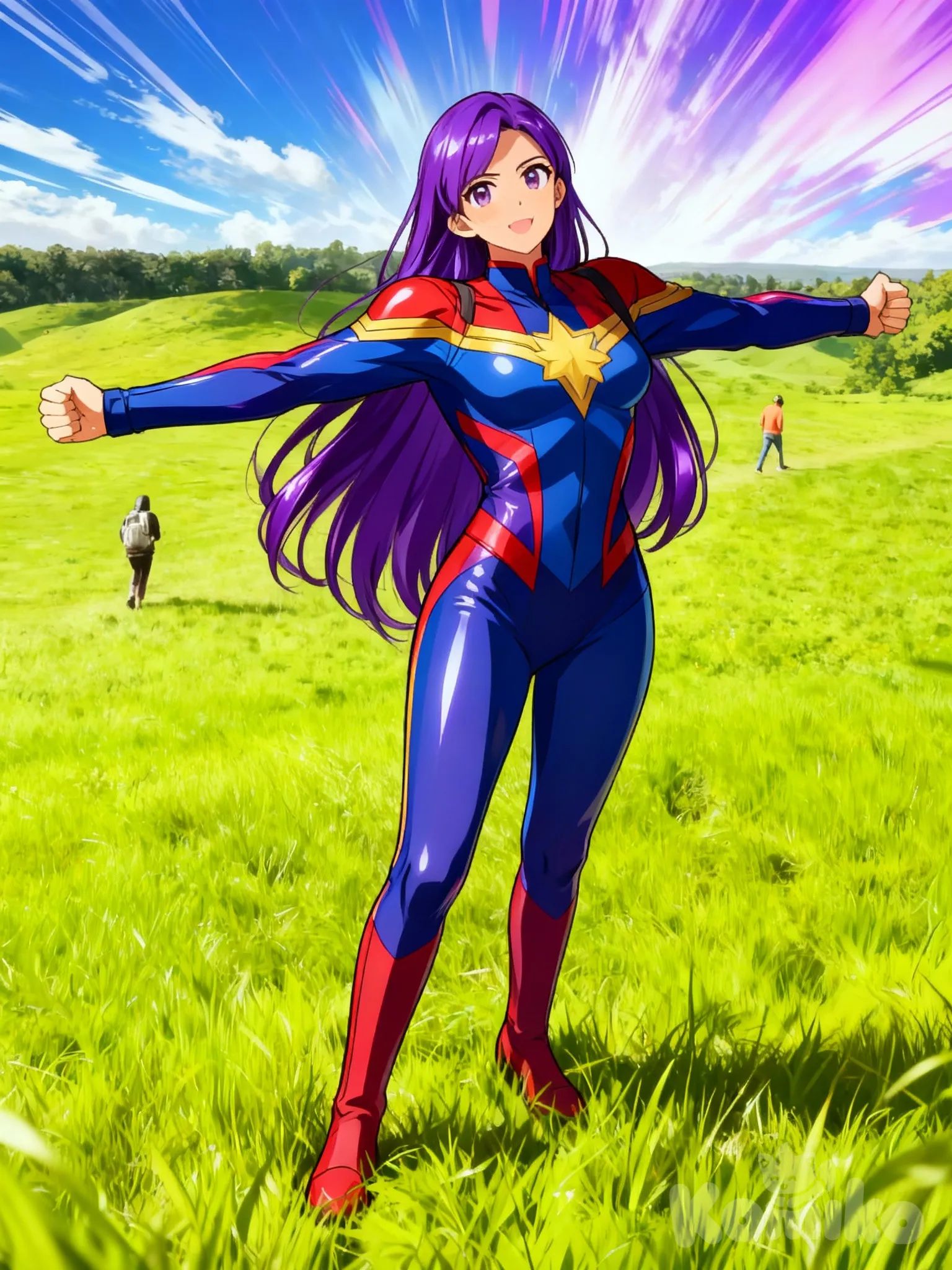 anime, pelo lila, traje superheroe