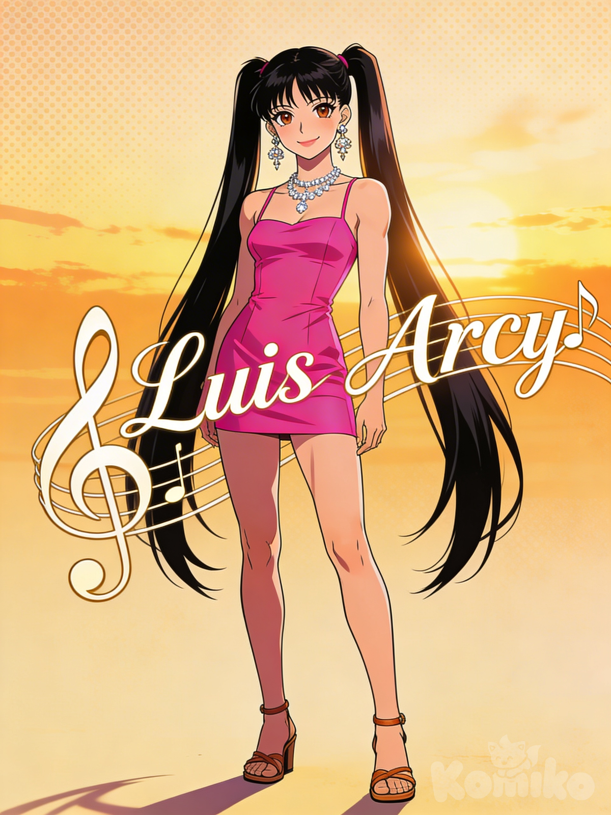 A photograph shows a full-length athletic young woman with long, vibrant block hair in pigtails. Her brown eyes radiate confidence with a radiant smile standing with a peaceful expression, her gaze directed toward the camera. Dressed in an elegant summer mini dress in fluorescent fuchsia, simple leather sandals, and a collection of sparkling silver necklaces and ornate earrings. The scene is bathed in the soft golden light of sunset. Subtle treble clefs gracefully intertwine the name "Luis Arcy," lending an artistic touch to the composition. The soft shadows cast by the warm sunlight enhance the striking and captivating image.