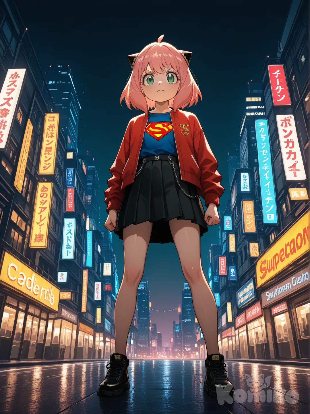 @Anya_(Spy_X_Family) A young woman standing confidently in a neon-lit city street at night, wearing a blue Superman logo t-shirt, red open jacket, and a short pleated skirt. Short bob haircut with soft bangs, serious and fearless expression. Low-angle shot to emphasize strength and heroism. Vibrant cyberpunk city background with colorful billboards and glowing lights, shallow depth of field, cinematic bokeh. Realistic skin texture, soft dramatic lighting, teal and orange color grading, ultra-sharp focus, 35mm lens, f/1.8, cinematic street photography, moody atmosphere, high contrast, ultra-realistic, film grain, modern superhero aesthetic.