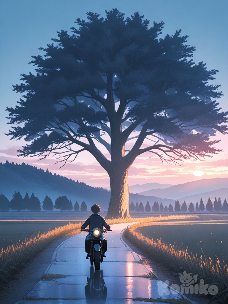 Foggy Dream Scene A cinematic anime style illustration of a young man sitting on a motorcycle on a f