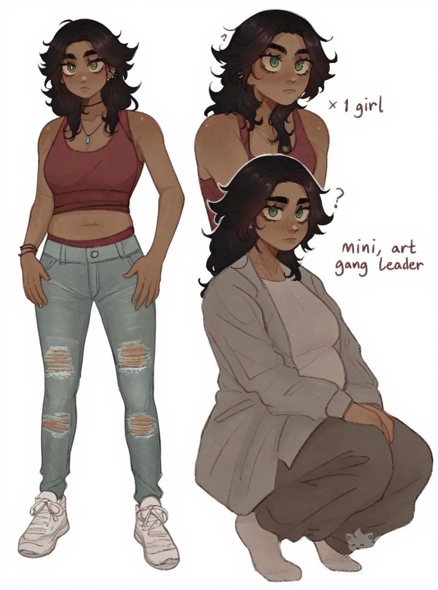 1girl, dark skin, mini art, short gang leader, single character, full body, looking at viewer, anime style, simple background, white background
