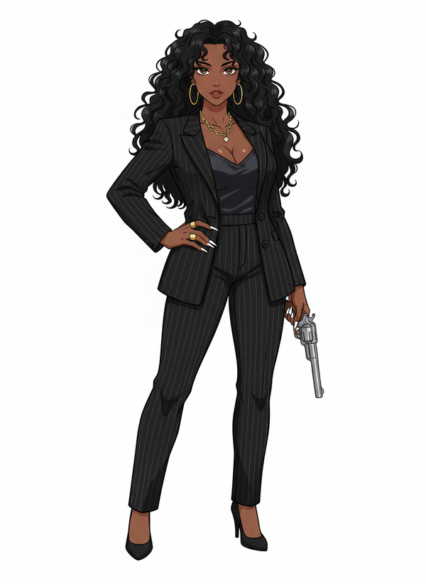 1girl, gangster_wife, mature_female, curvy, short, petite, dark_skin, black_hair, long_hair, curly_hair, brown_eyes, lineart, cel_shaded, solo, single character, full body, looking at viewer, anime style, simple background, white background