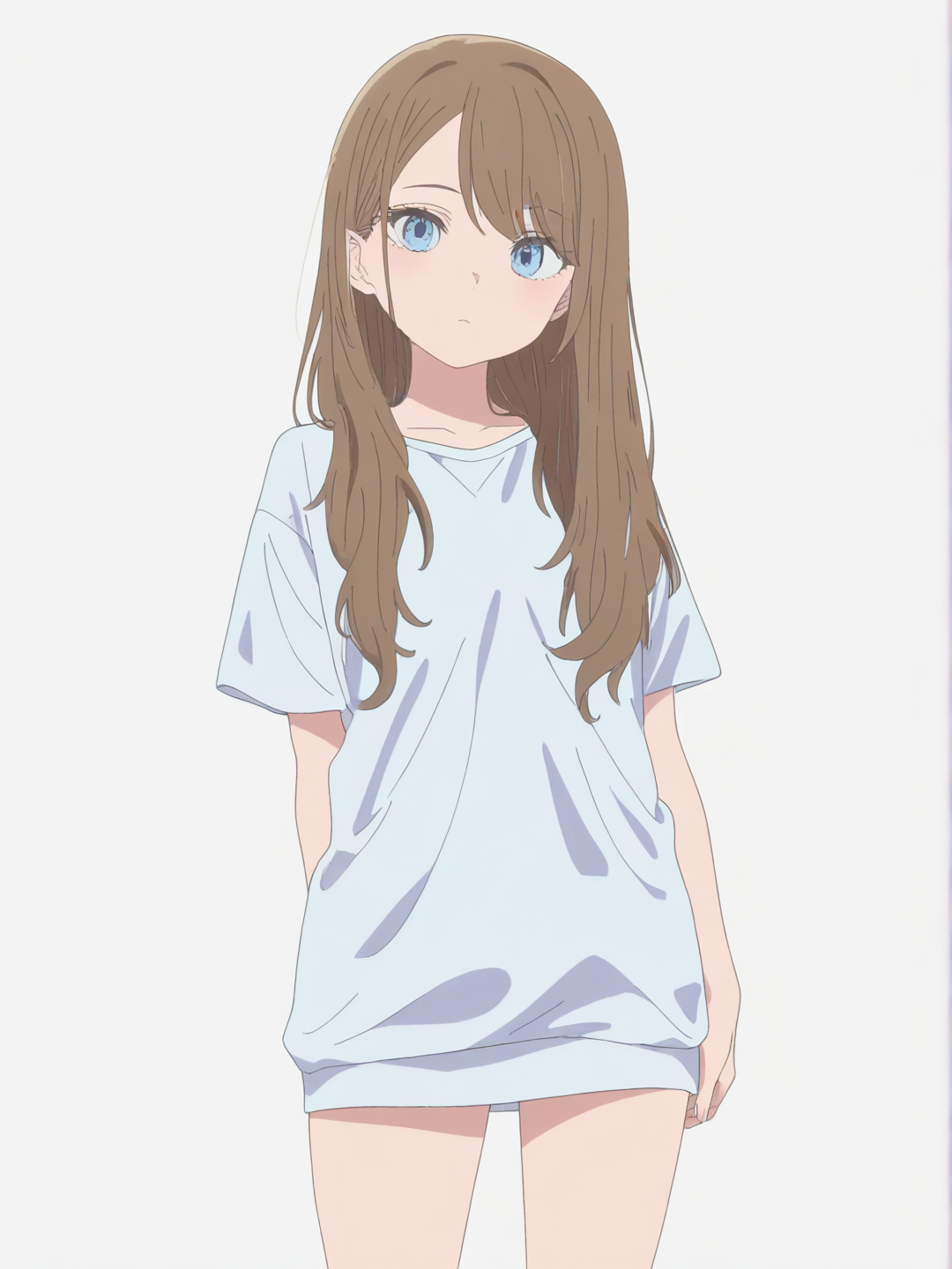 [bright-anime-style] 1girl, solo, teenager, long_hair, brown_hair, blue_eyes, full_body, looking_at_viewer, anime_style, simple_background, white_background