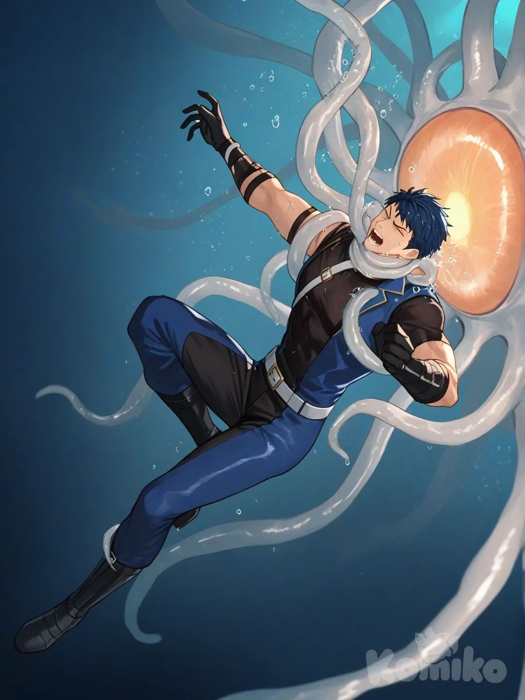 1boy, 1boy, 2people, fighting, superhero vs villain, superhero vs monster, human vs monster, confront, drowning, under the sea, deep sea water, dark, depth of field

Characters :
First person : Ike, fire emblem, muscular, has a short dark blue hair, light skin, black gloves, he's wearing three tone blue with black and white strap tight suit , superhero suit, adult, [serious-man-style], full body, underwater background, wet, superhero, eye closed, catch, chock, stung,

Second person : monster, villain, sticky, flexible, jellyfish, tentacles, angry, glow-in-the-dark, dangerous, aggressive, electric