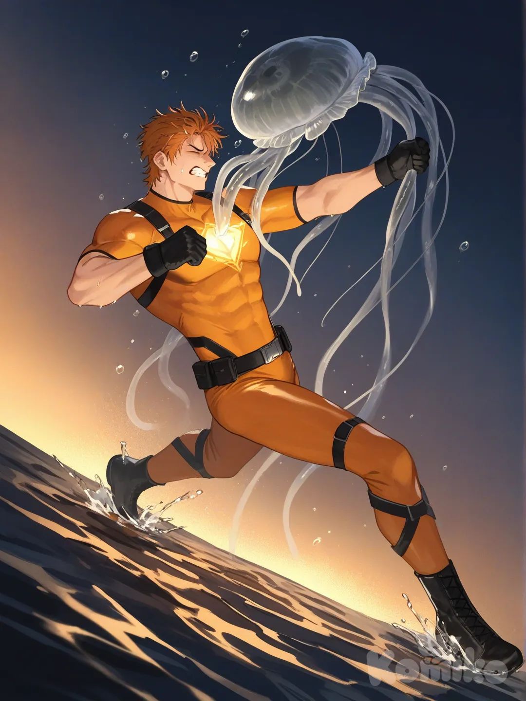 1boy, 1boy, 2people, fighting, superhero vs villain, superhero vs monster, human vs monster, confront, drowning, under the sea, deep sea water, dark, depth of field, 

Characters :
First person : Bryce Callahan, jock studio, messy ginger hair, eyes closed, very muscular build, freckles on face, light skin, black gloves, he's wearing three tone orange with white and black strap tight suit, superhero suit, adult, [serious-man-style], full body, underwater background, wet, superhero, catch, chock, stung,

Second person : monster, villain, sticky, flexible, jellyfish, tentacles, angry, glow-in-the-dark, dangerous, aggressive