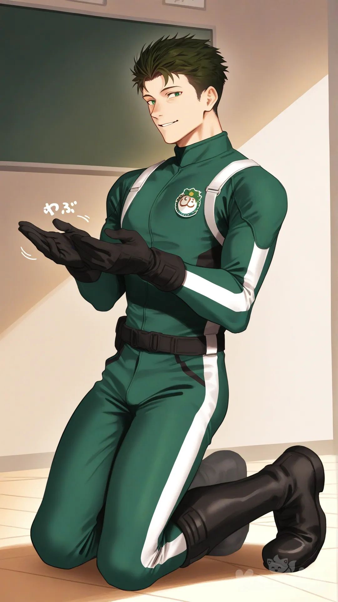 1boy, solo, class, kindergarten, side view, 

Characters:
First character: Superhero, Matt Carter, Jock Studio, athletic body, low taper quiff cut olive hair color, green eyes, medium skin tone, black gloves, he's wearing three tone green with black and white strap tight suit, superhero suit, [serious-man-style], full body, looking at another, headpat children, thin smile, kneeling