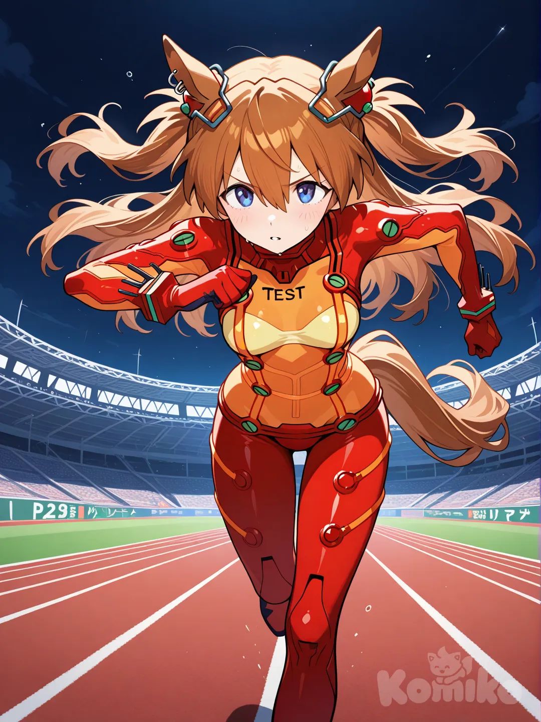Souryuu Asuka Langley as an umamusume, test plugsuit (evangelion), horse girl, running track